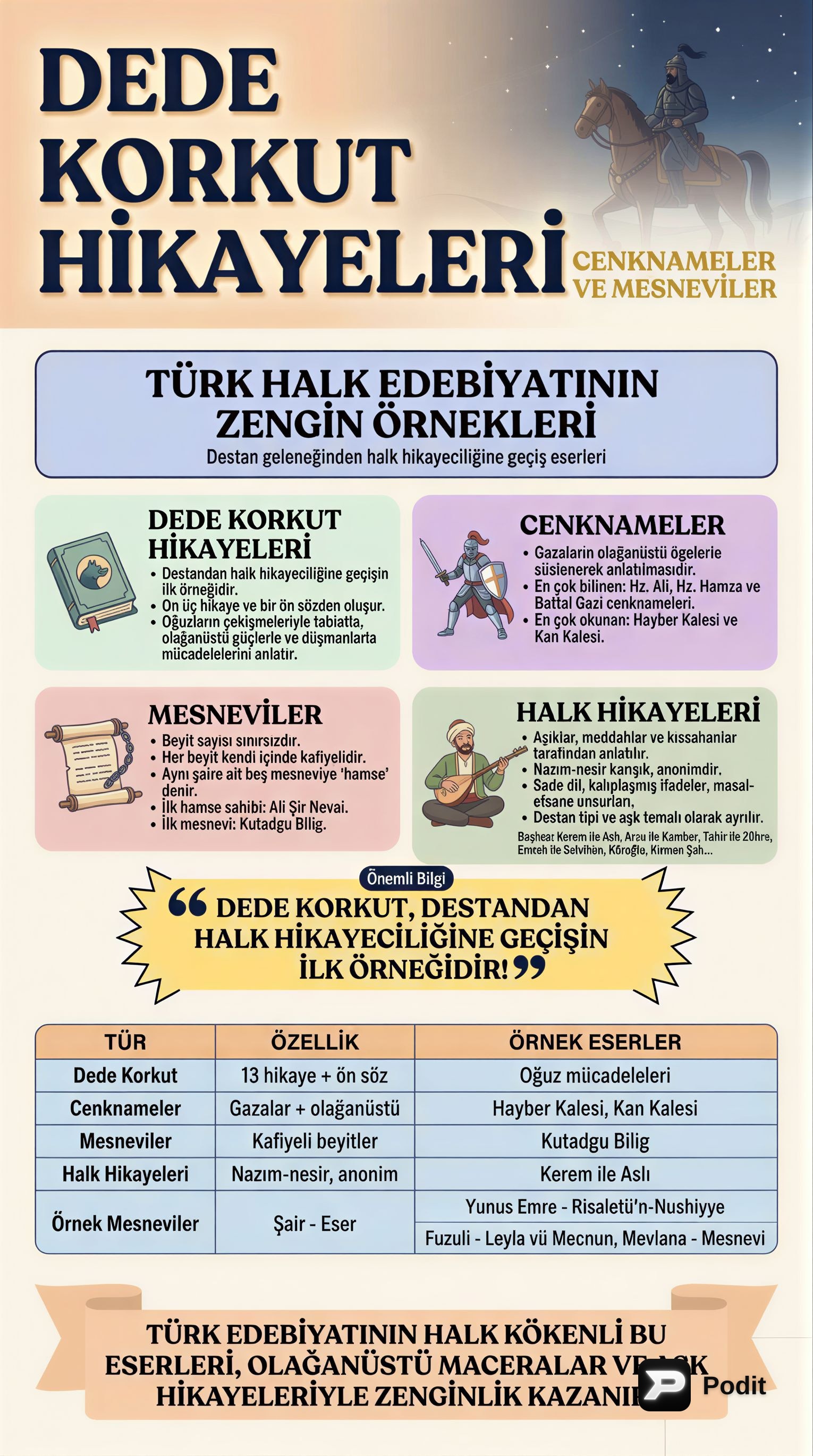 Dede Korkut, Cenknameler, Mesneviler ve Halk Hikayeleri - görsel özet infografik