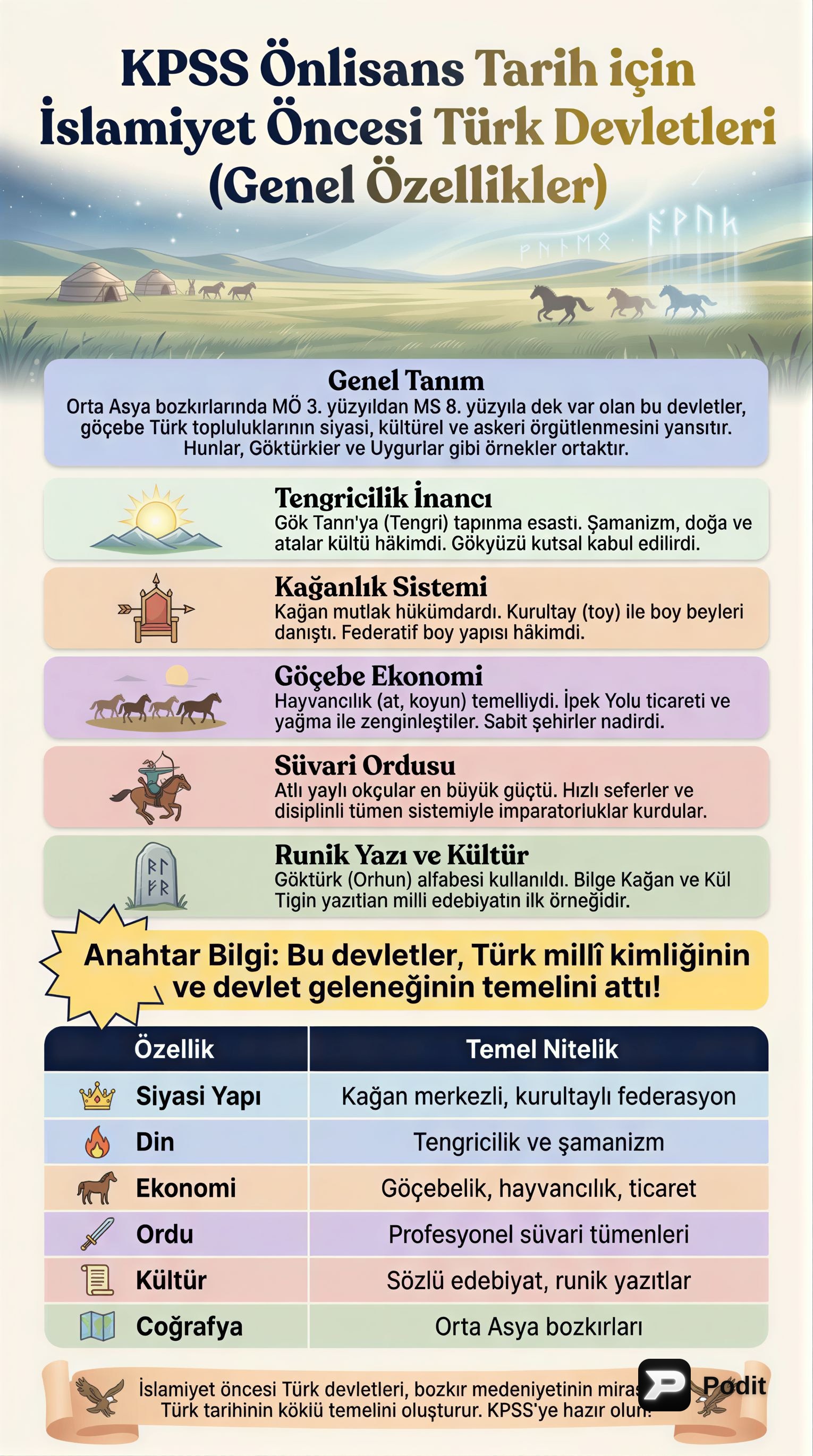 İslamiyet Öncesi Türk Devletleri: Genel Özellikler - görsel özet infografik