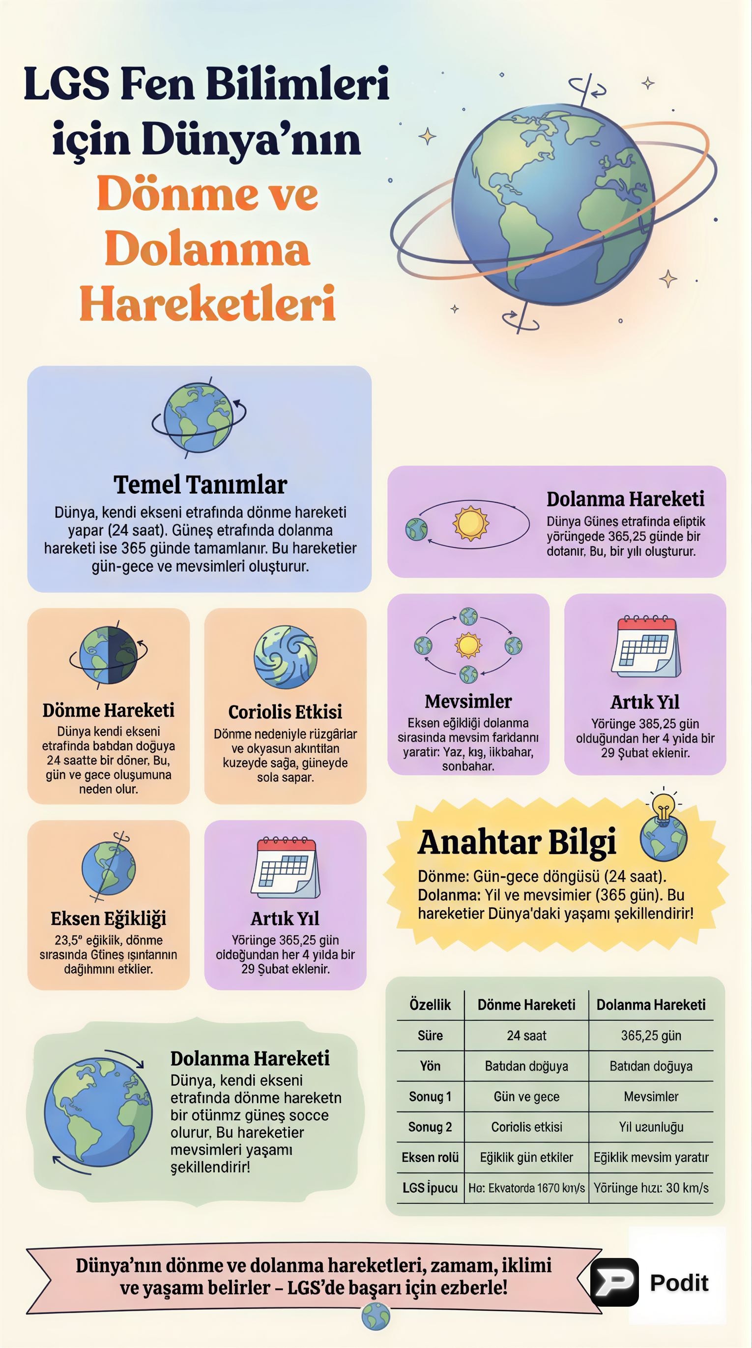 Dünya'nın Dönme ve Dolanma Hareketleri - görsel özet infografik
