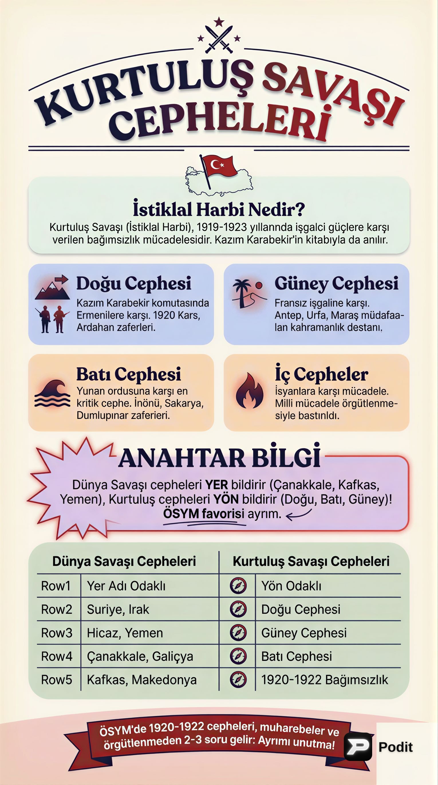 Kurtuluş Savaşı Cepheleri - görsel özet infografik
