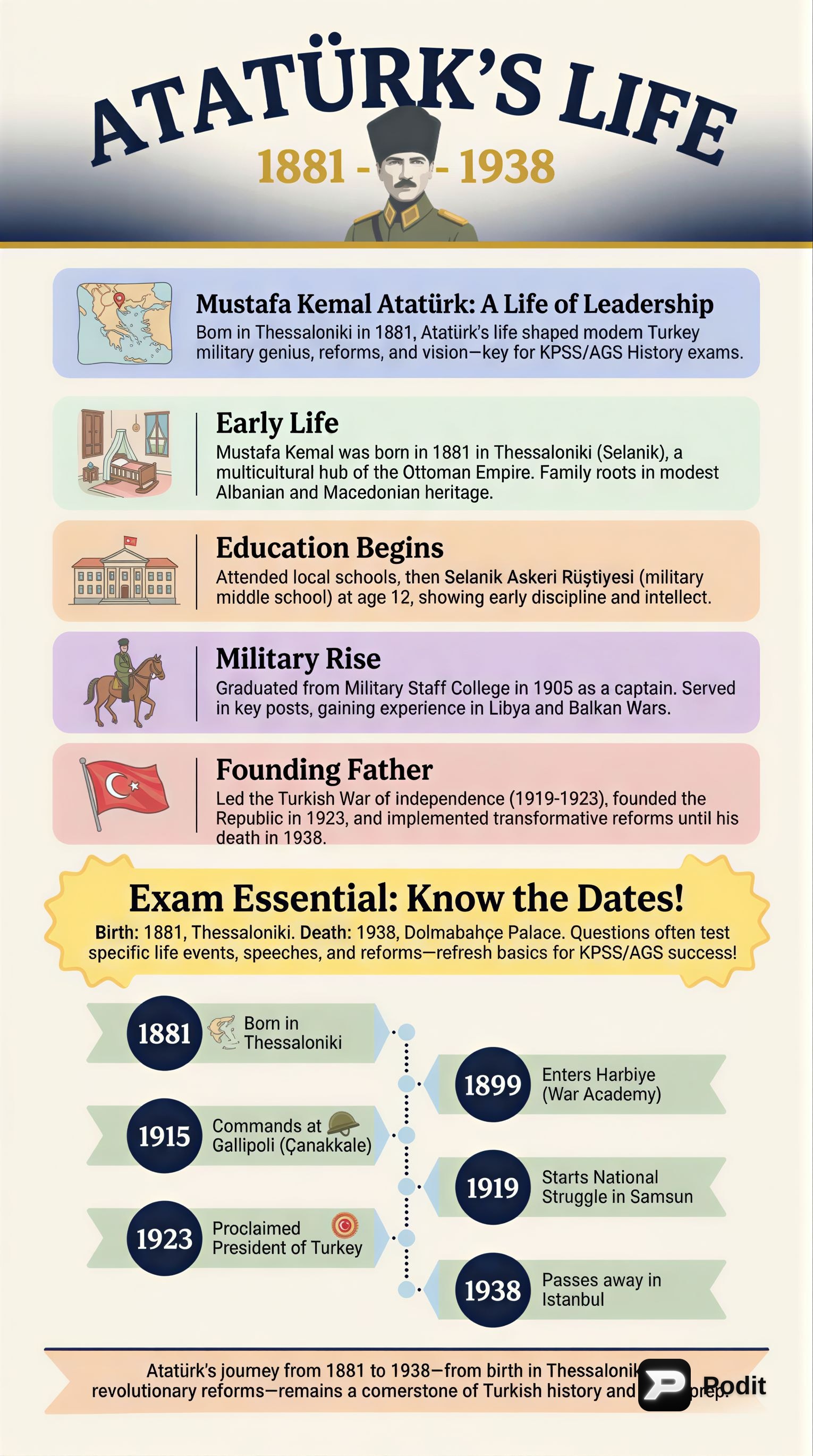 Mustafa Kemal Atatürk's Life (1881-1938) - görsel özet infografik