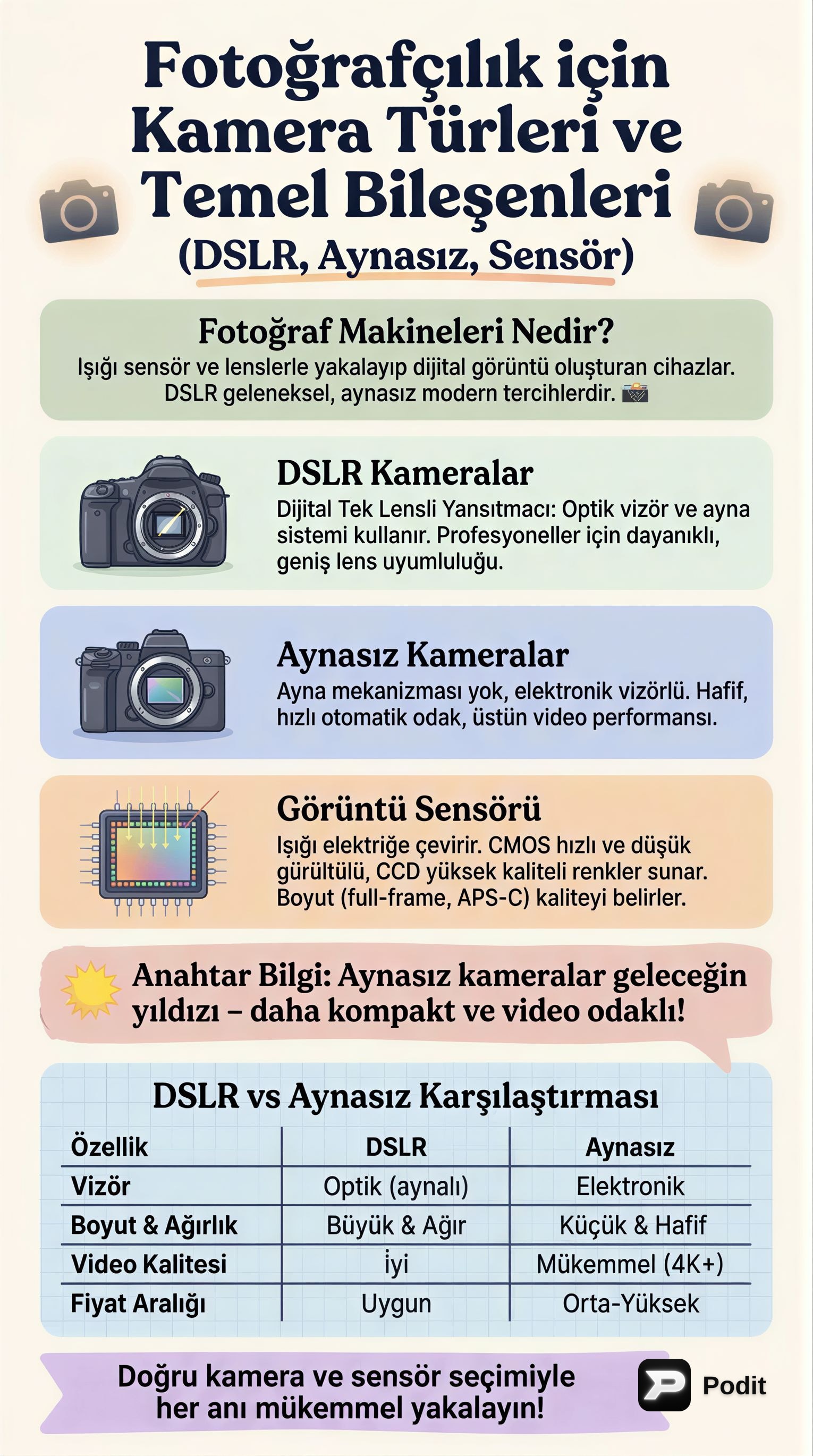 Fotoğrafçılıkta Kamera Türleri ve Sensör Teknolojisi - görsel özet infografik