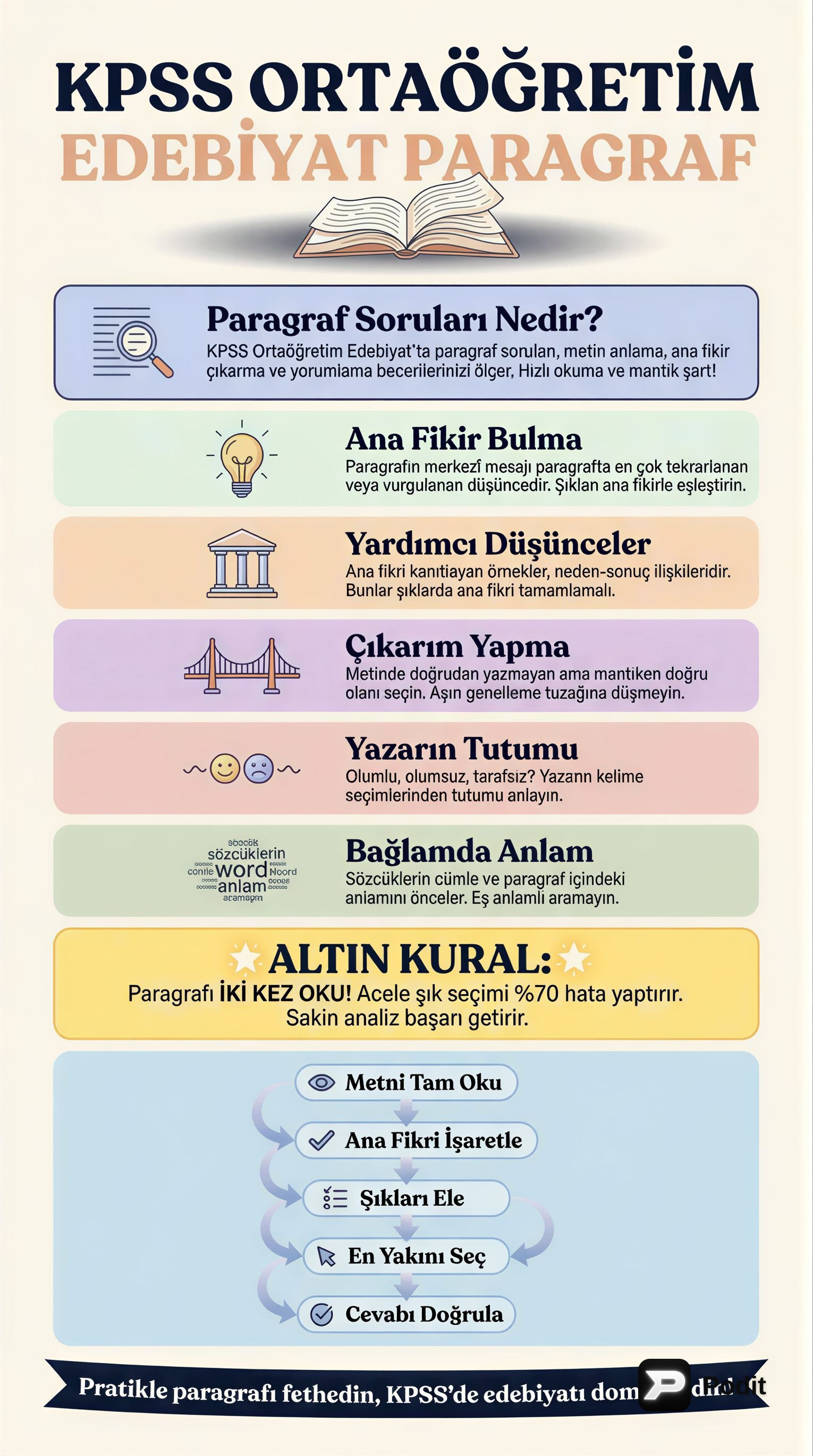 KPSS Ortaöğretim Edebiyat Paragraf Stratejileri - görsel özet infografik