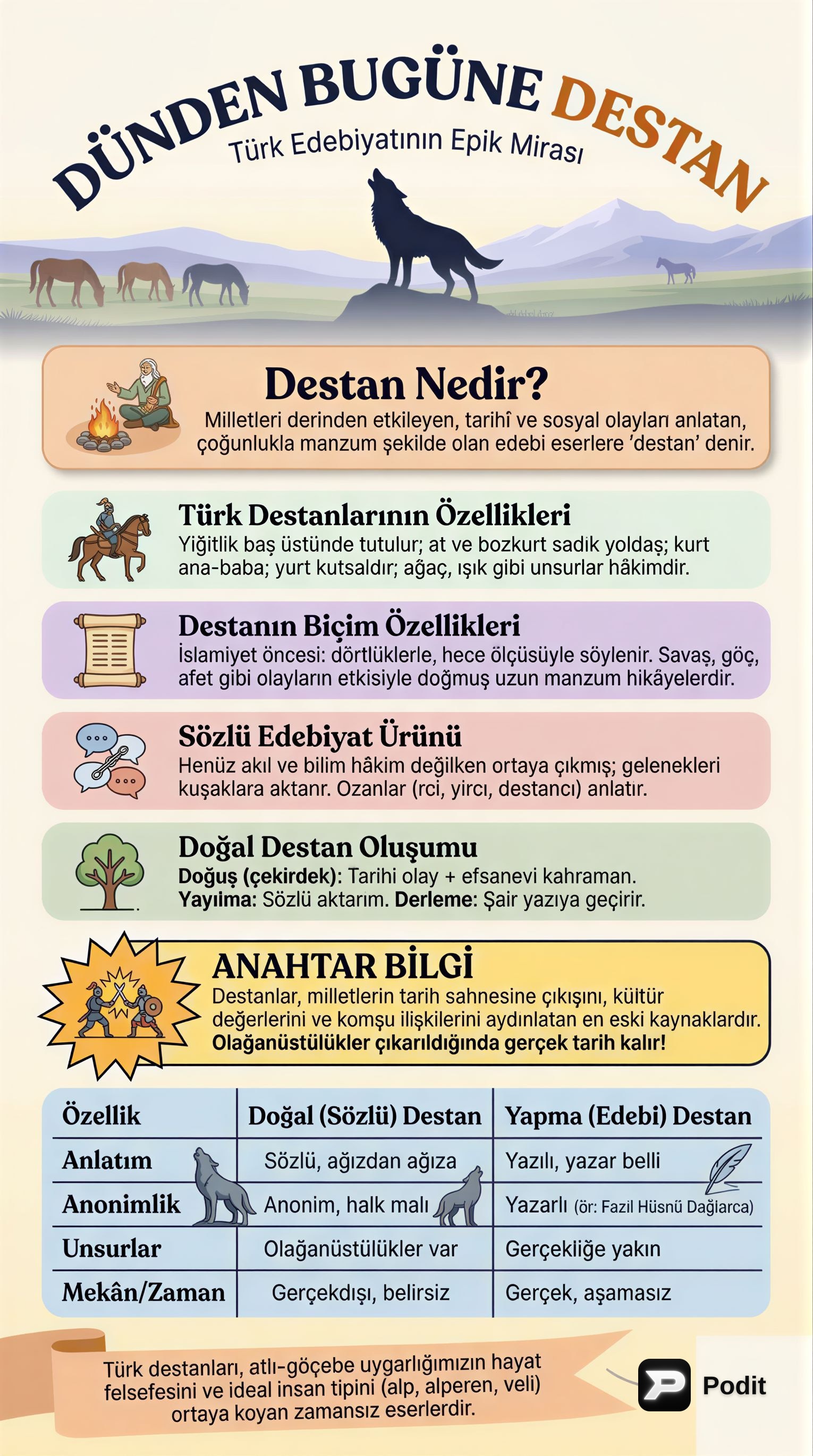 Destanların Tanımı, Özellikleri ve Türleri - görsel özet infografik