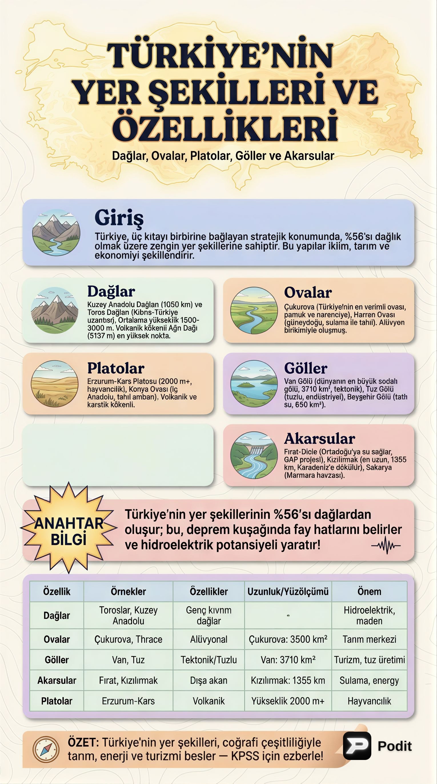 Türkiye'nin Yer Şekilleri, Akarsuları ve Gölleri - görsel özet infografik