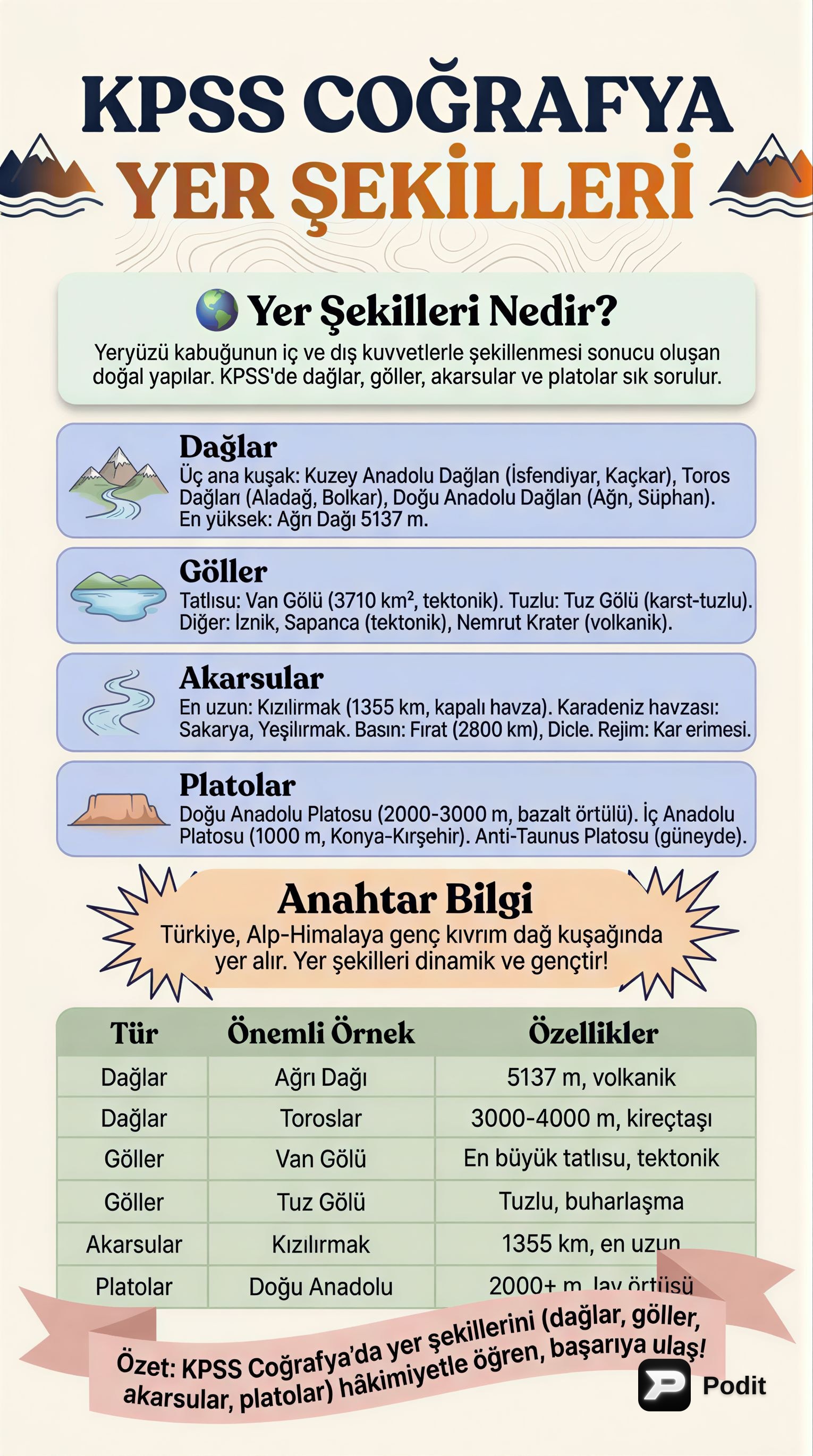 KPSS Coğrafya: Türkiye'nin Yer Şekilleri - görsel özet infografik