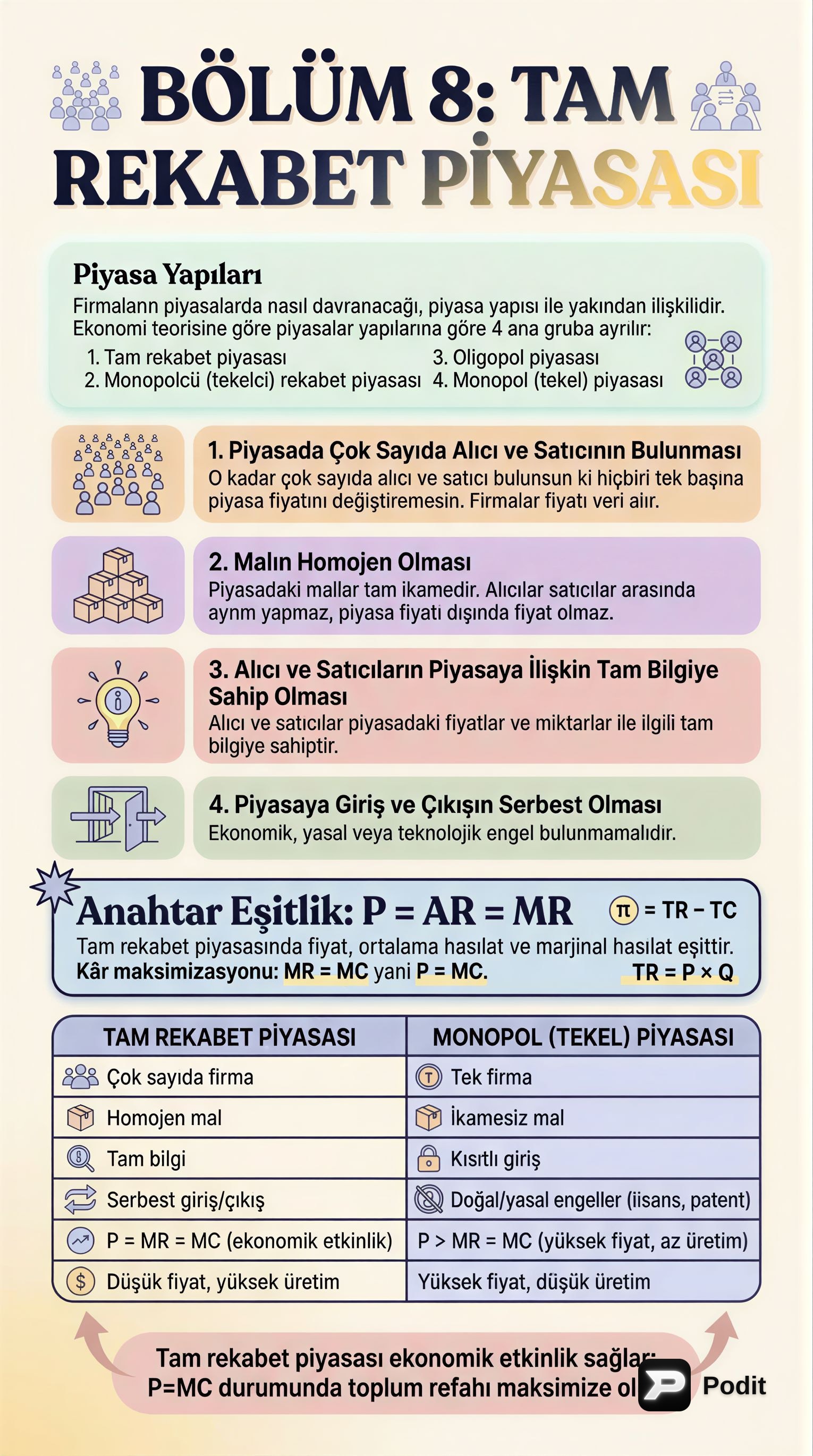 Piyasa Yapıları: Tam Rekabet ve Monopol Piyasaları - görsel özet infografik