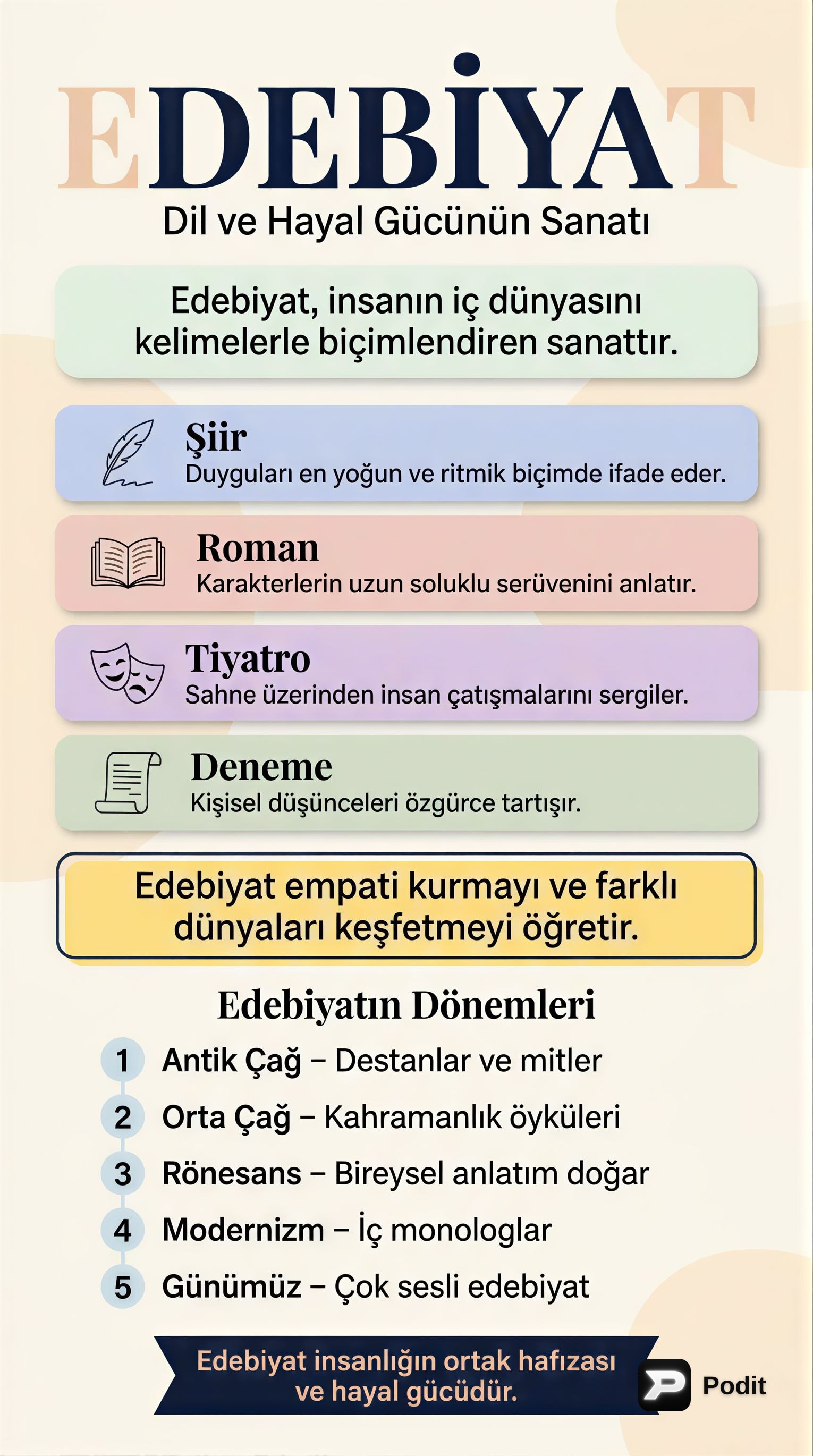Edebiyat Nedir? Sanatın Sözcüklerle Dansı - görsel özet infografik