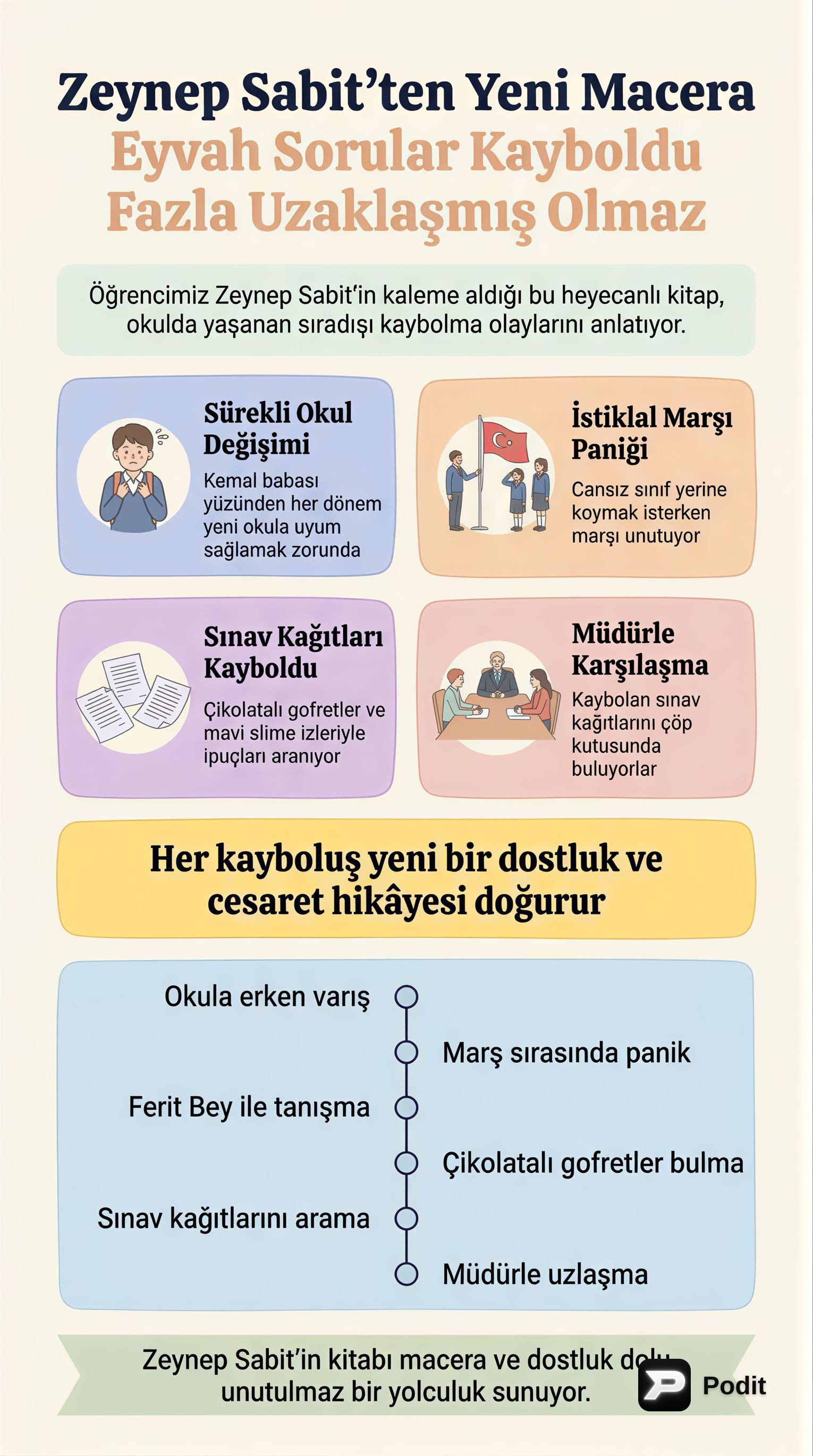 Zeynep Sabit'in 'Eyvah Sorular Kayboldu' Kitabı - görsel özet infografik