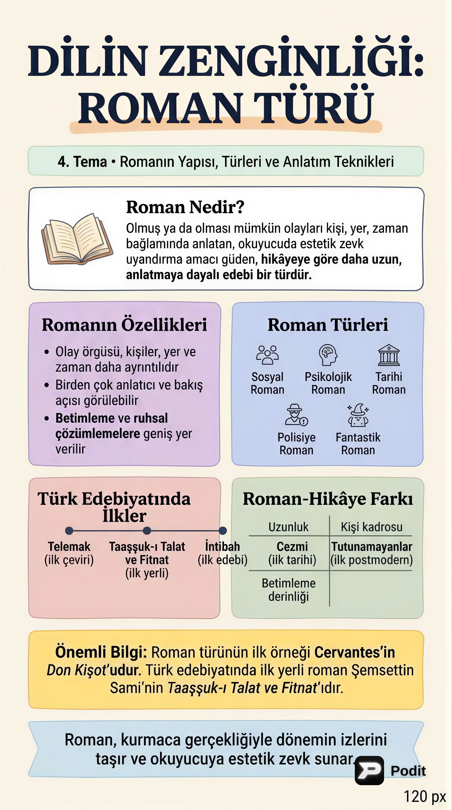 Romanın Yapısal Özellikleri, Türleri ve Eleştiri - görsel özet infografik