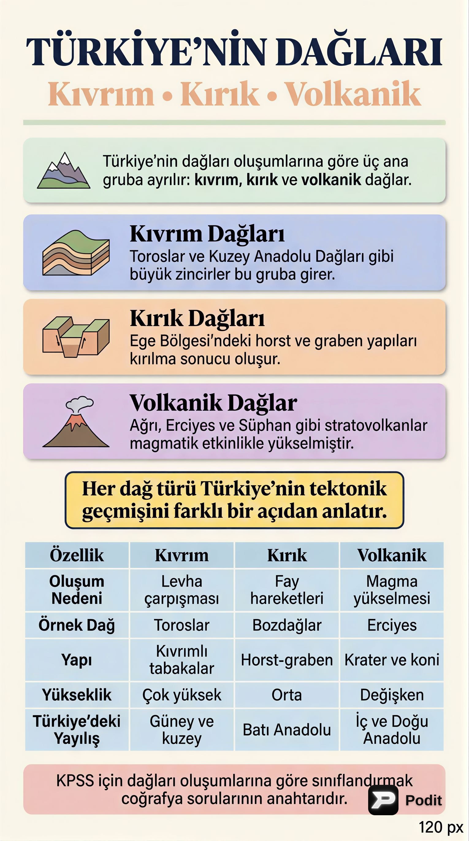 Türkiye'nin Dağları: Kıvrım, Kırık ve Volkanik Oluşumlar - görsel özet infografik