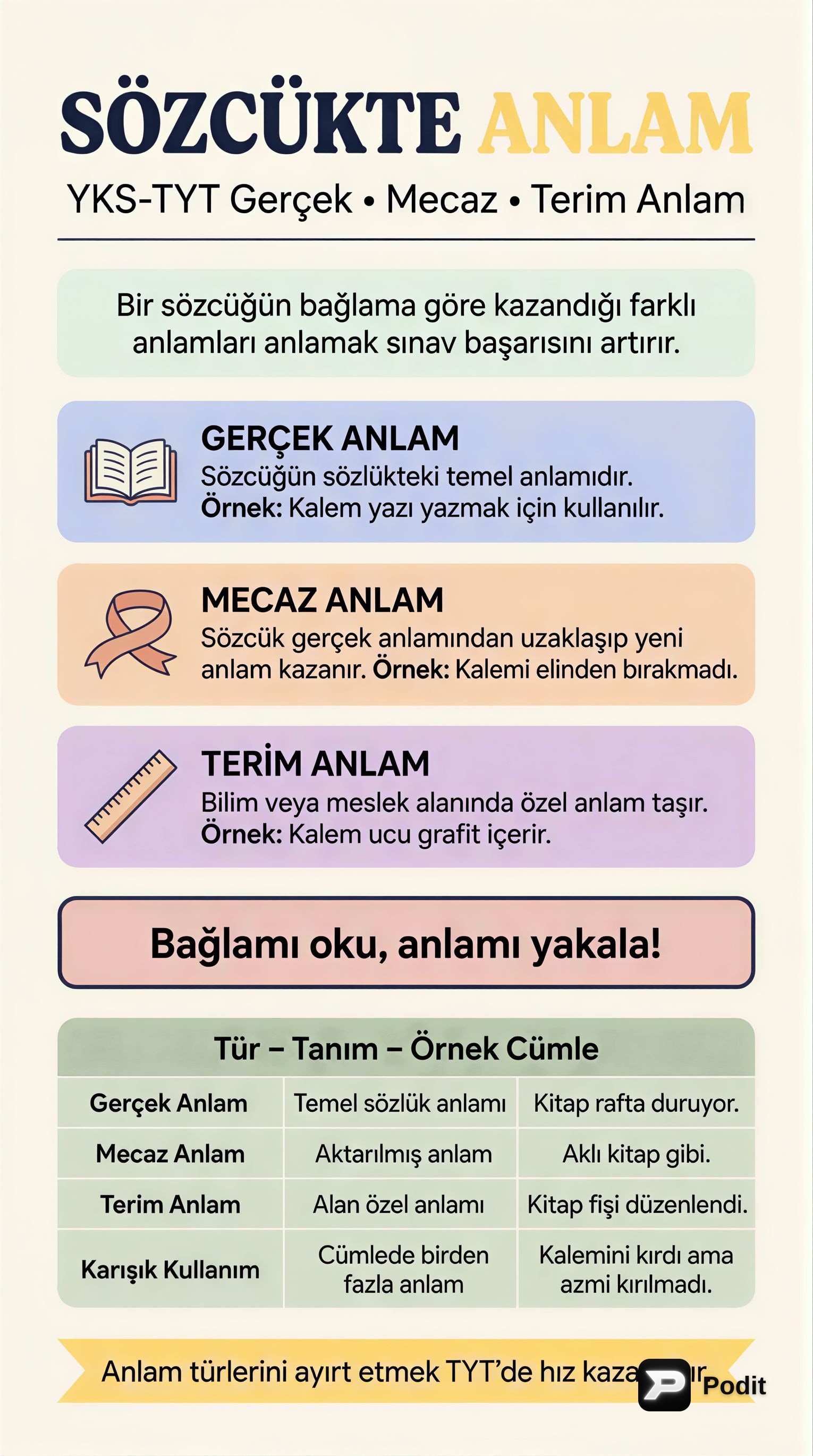 YKS-TYT İçin Sözcükte Anlam: Gerçek, Mecaz, Terim - görsel özet infografik