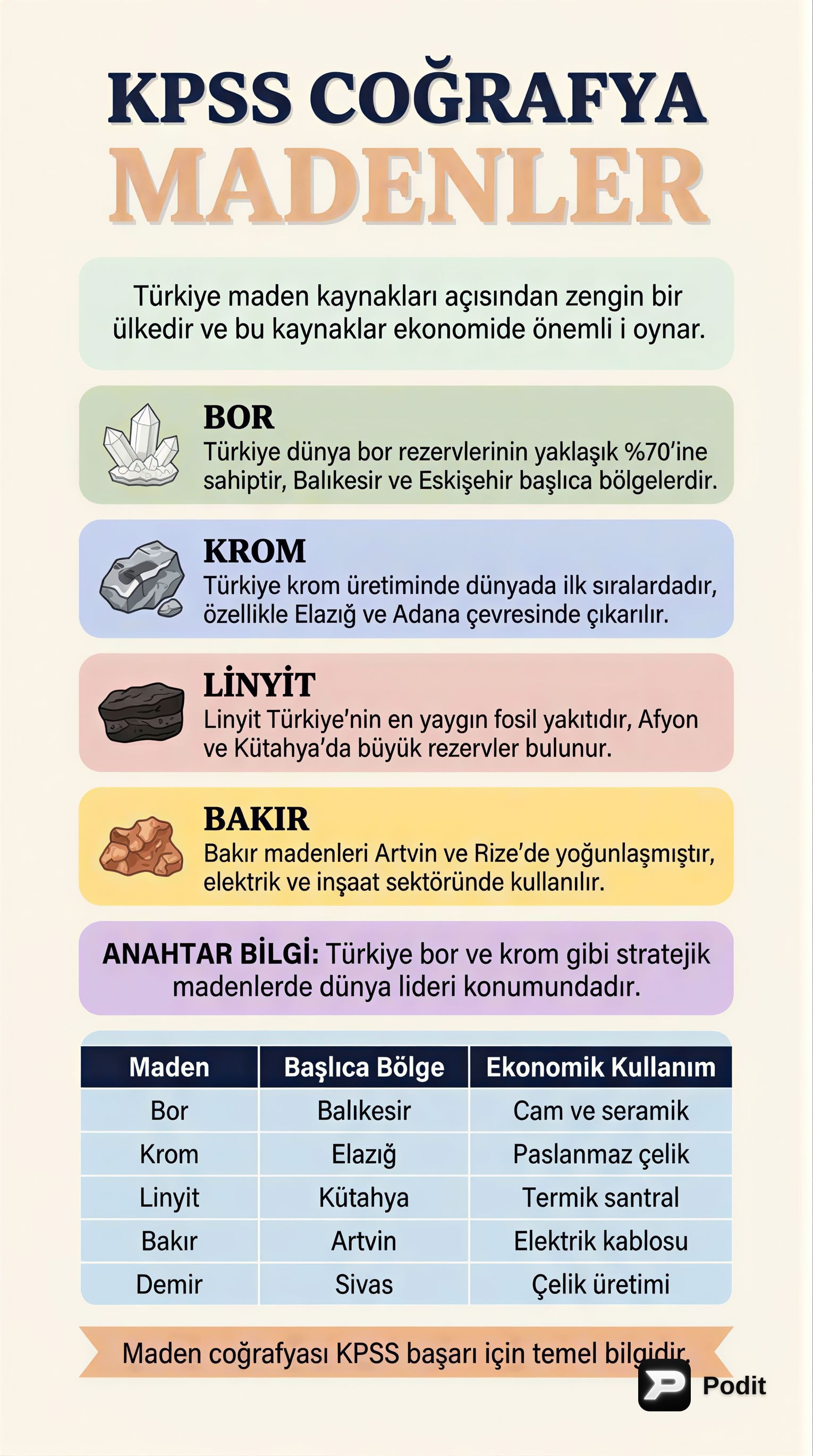 KPSS Coğrafya: Türkiye'nin Madenleri ve Önemi - görsel özet infografik