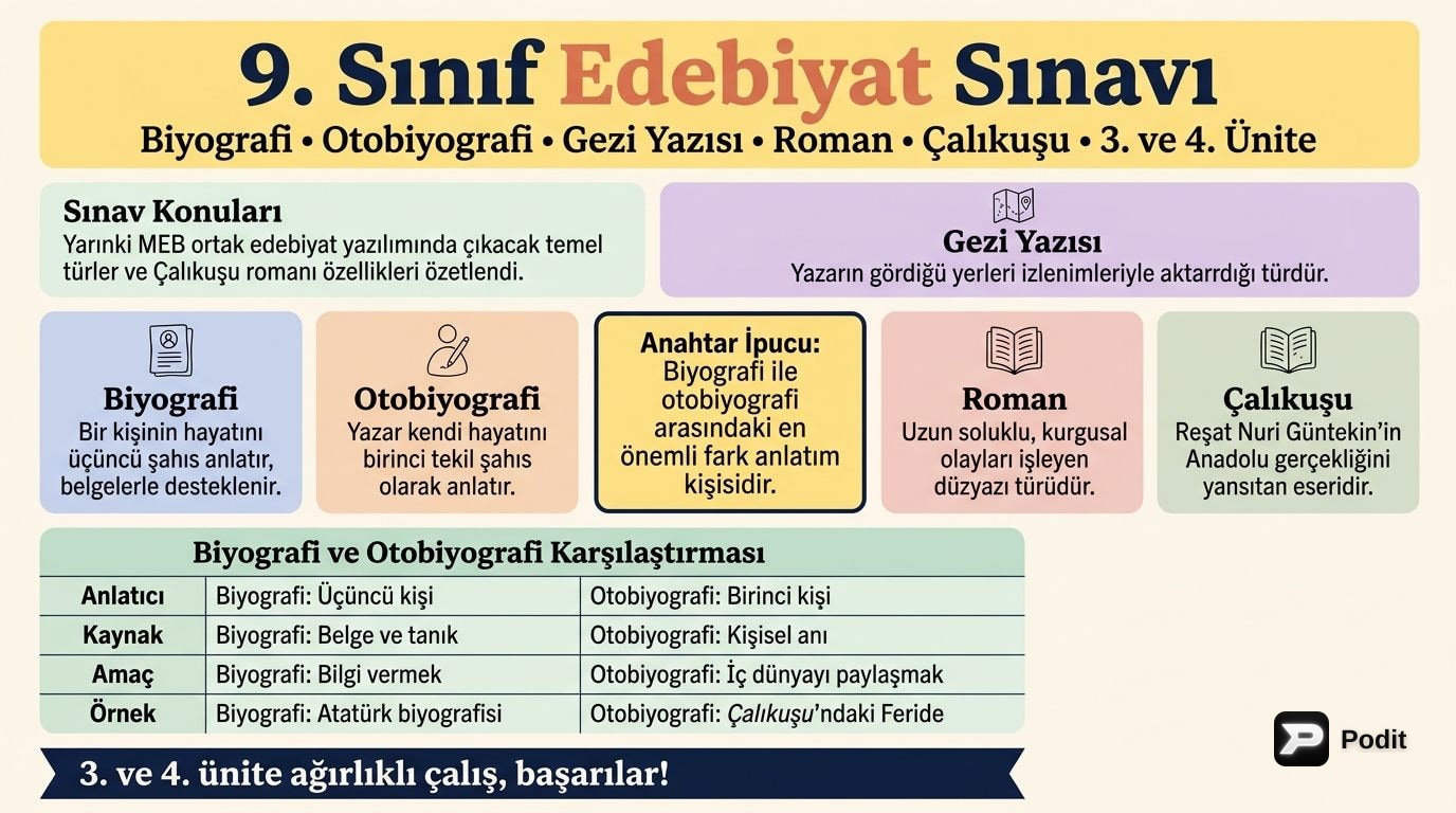 Edebiyat Sınavı Konuları: Biyografi, Roman ve Gezi Yazısı - görsel özet infografik