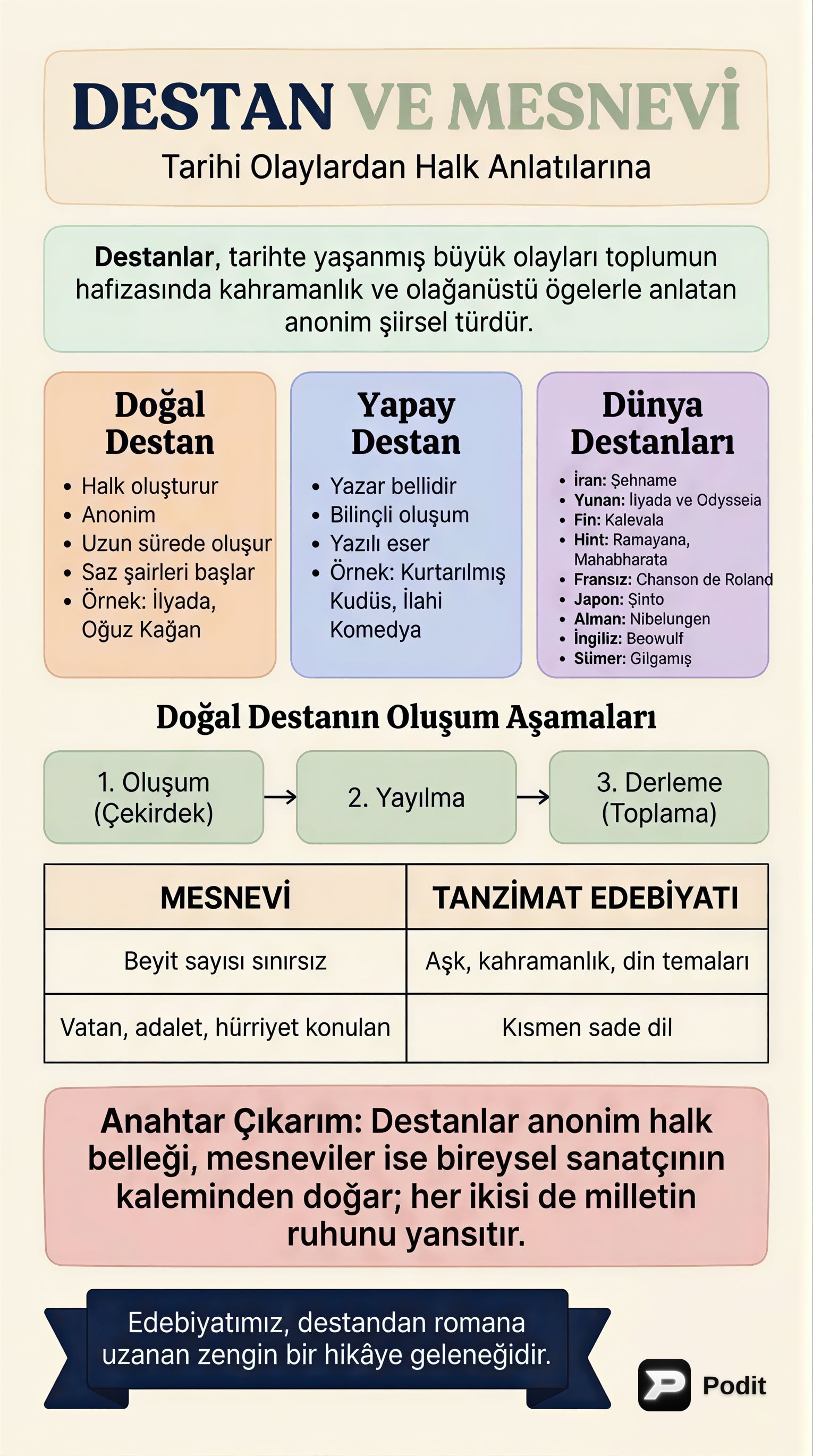 Türk Edebiyatında Destan, Mesnevi ve Dönemler - görsel özet infografik
