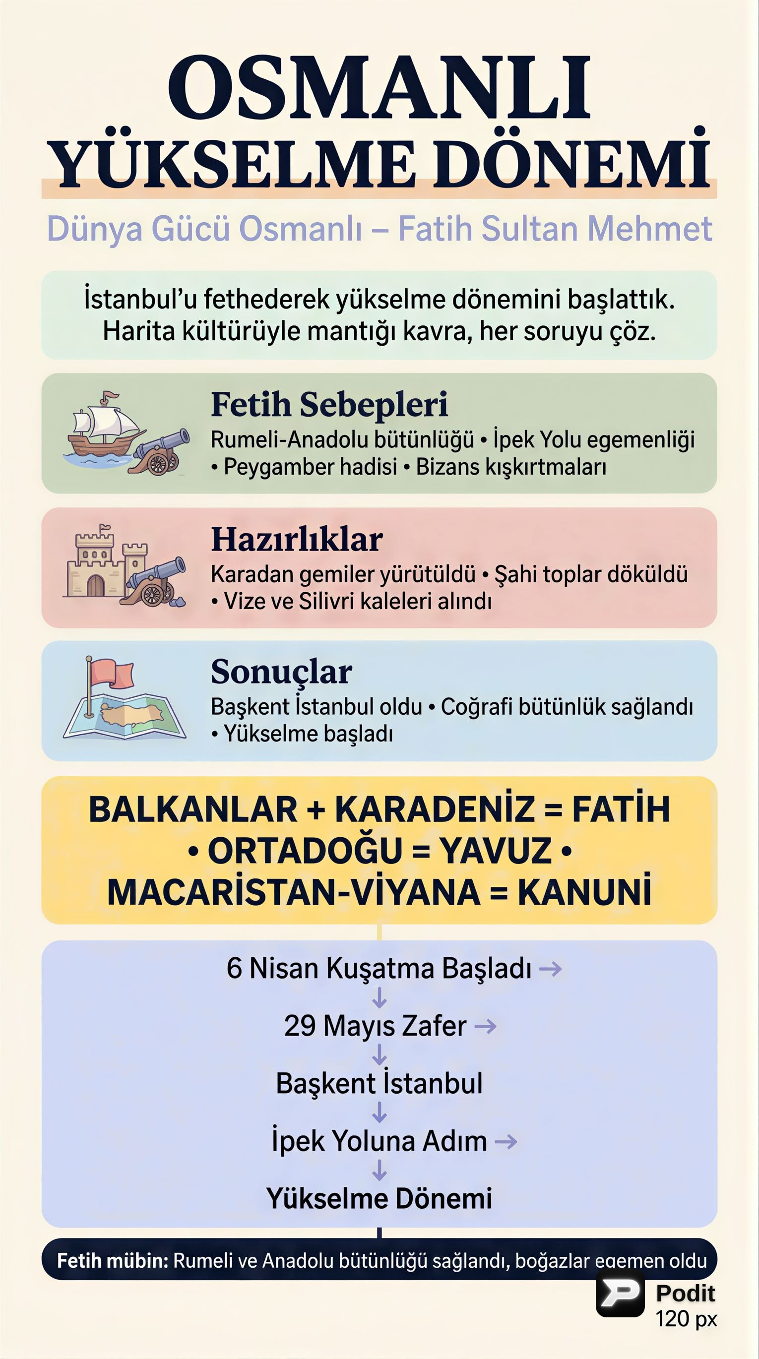 Osmanlı Yükselme Dönemi: Fatih Sultan Mehmet ve İstanbul'un Fethi - görsel özet infografik