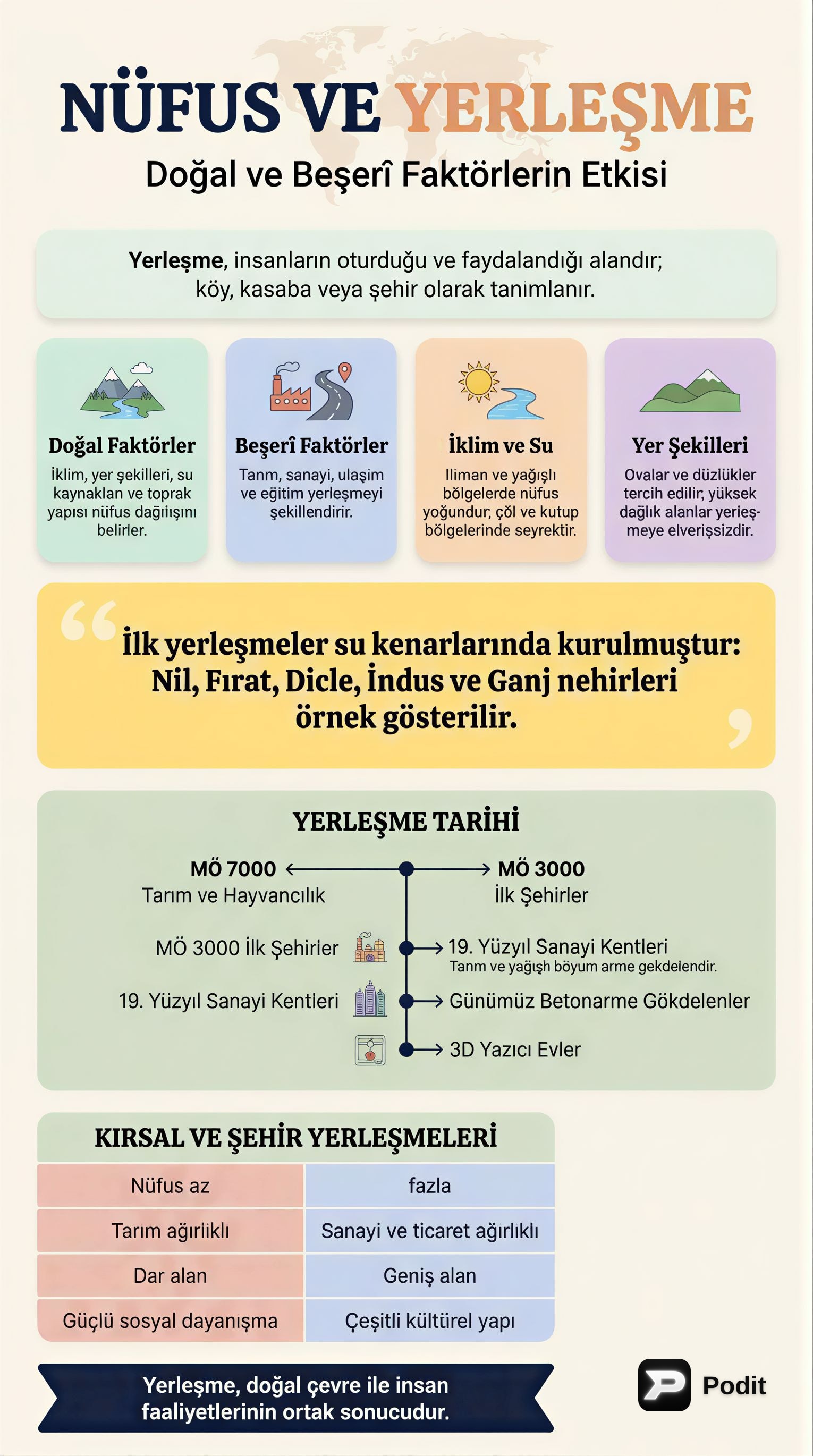 Nüfus ve Yerleşme: Faktörler, Tipler ve Sorunlar - görsel özet infografik