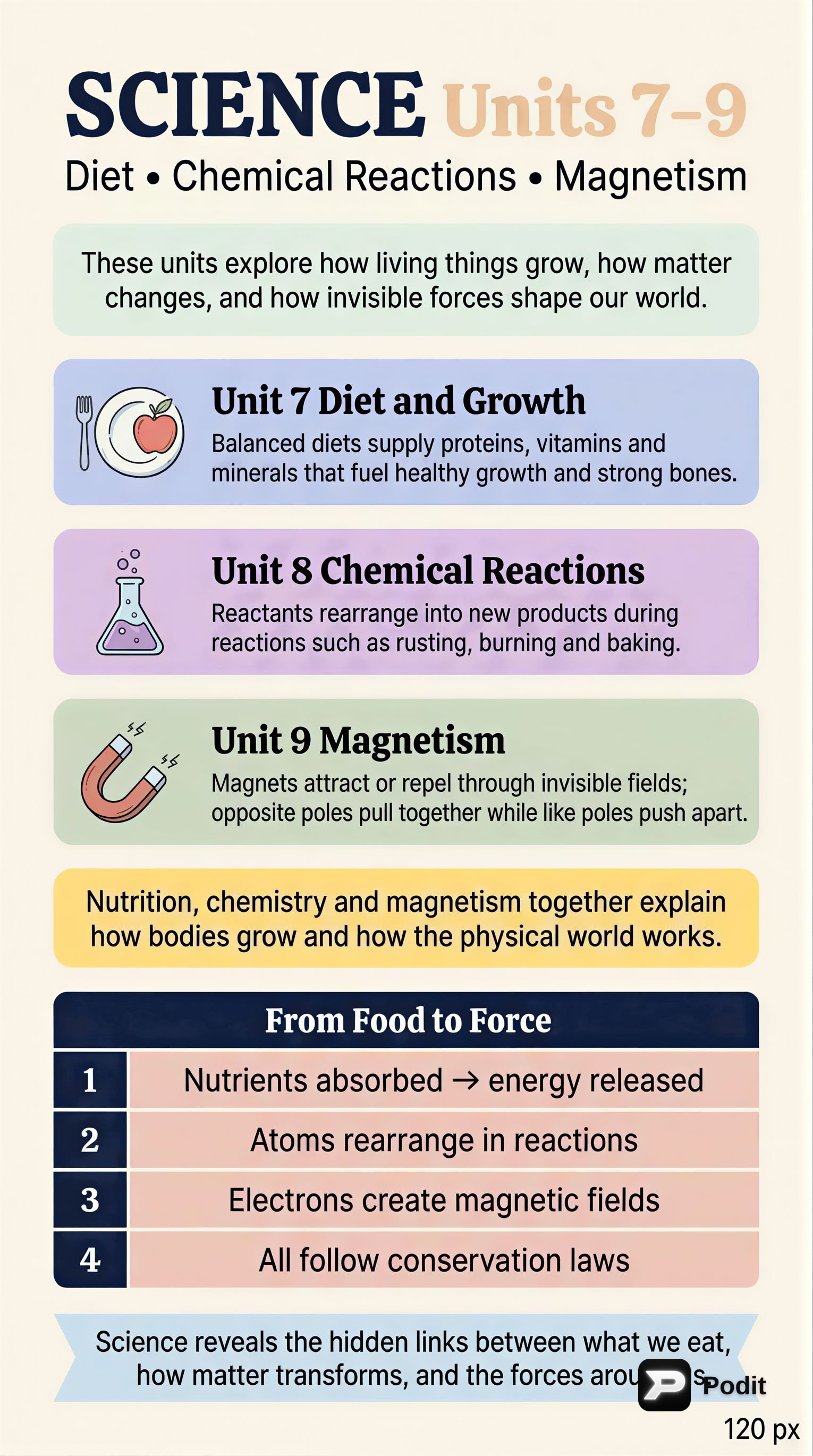 Science: Diet, Chemical Reactions, and Magnetism - görsel özet infografik