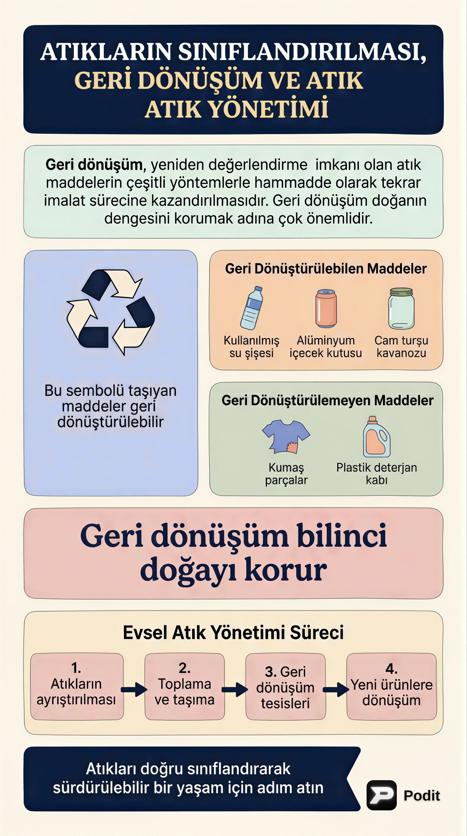 Atık Yönetimi, Sınıflandırma ve Geri Dönüşümün Önemi - görsel özet infografik