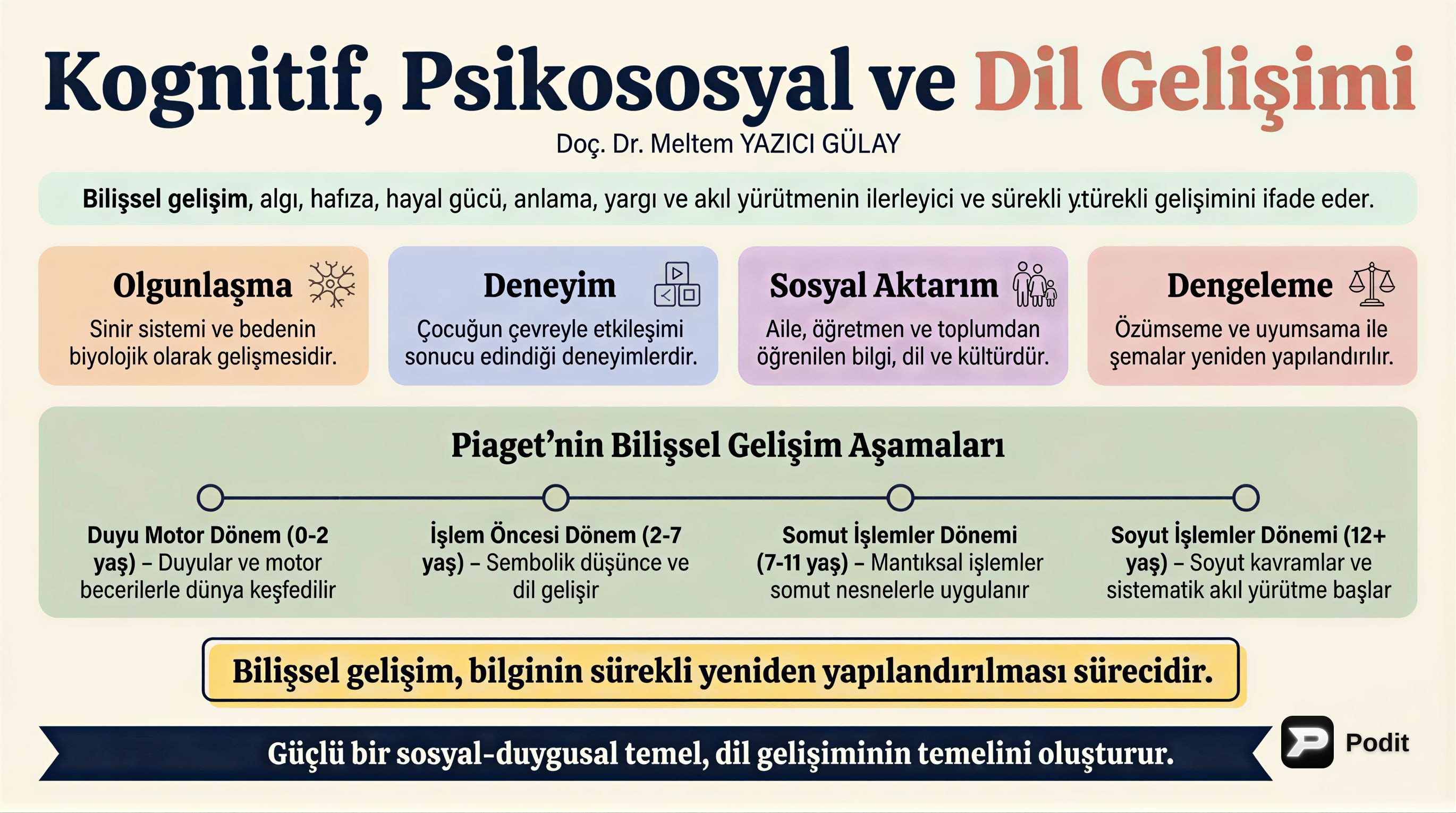 Kognitif, Psikososyal ve Dil Gelişimi: Piaget'nin Perspektifi - görsel özet infografik