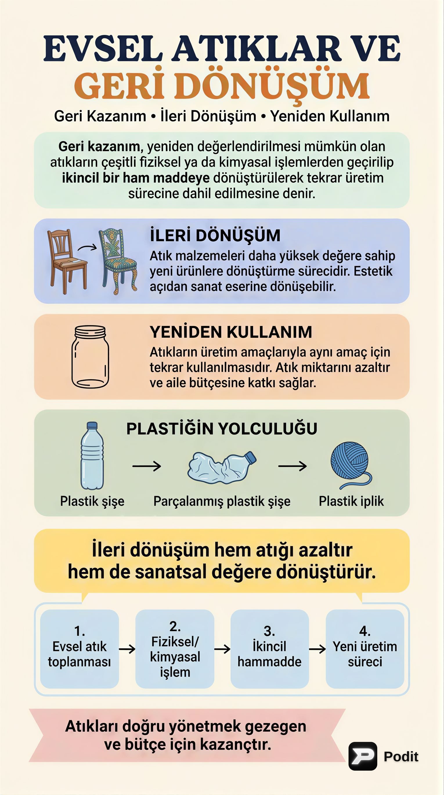 Atık Yönetiminde Geri Kazanım, İleri Dönüşüm ve Yeniden Kullanım - görsel özet infografik