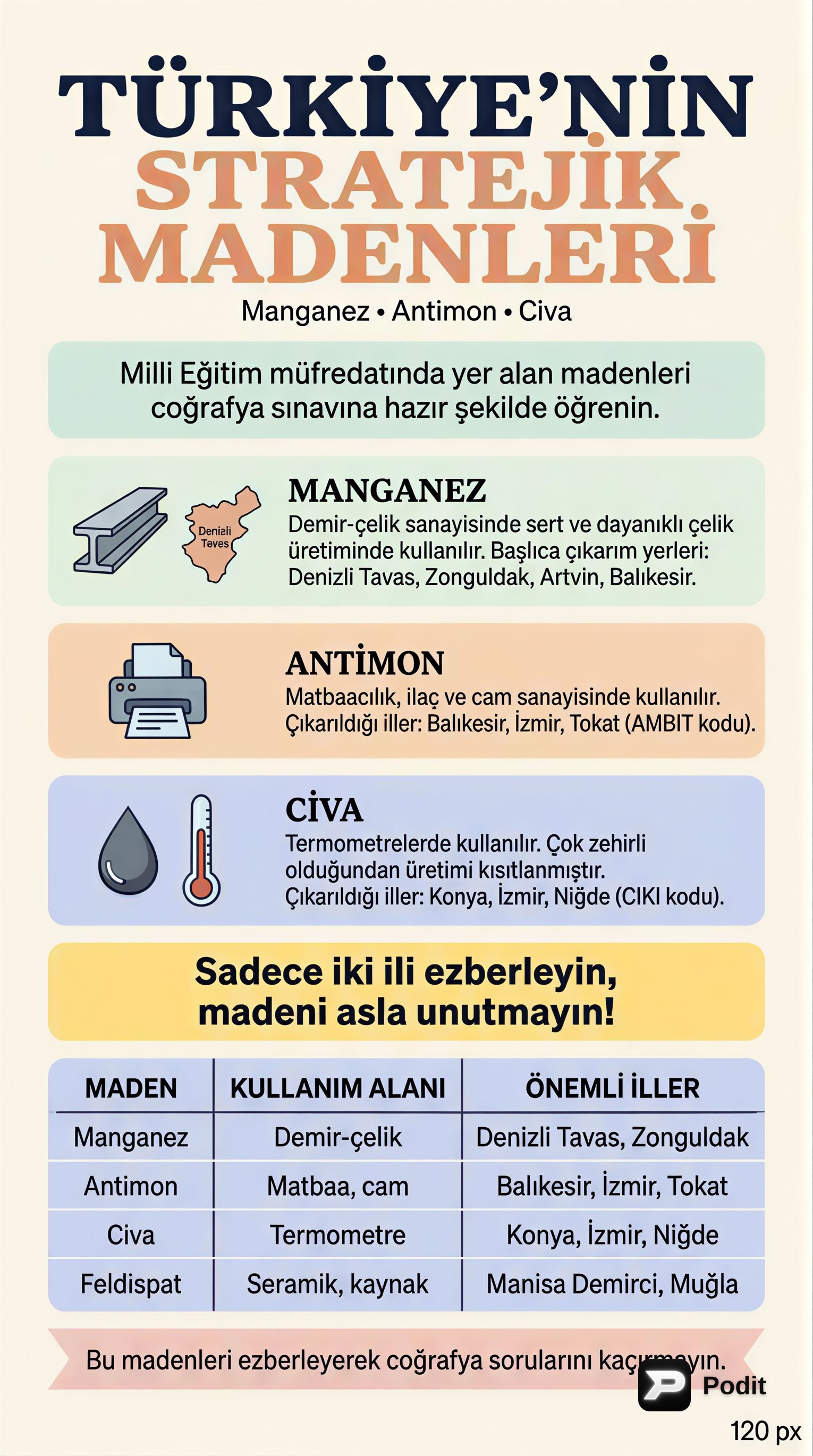 Türkiye'deki Önemli Madenler: Kullanım ve Çıkarım Alanları - görsel özet infografik