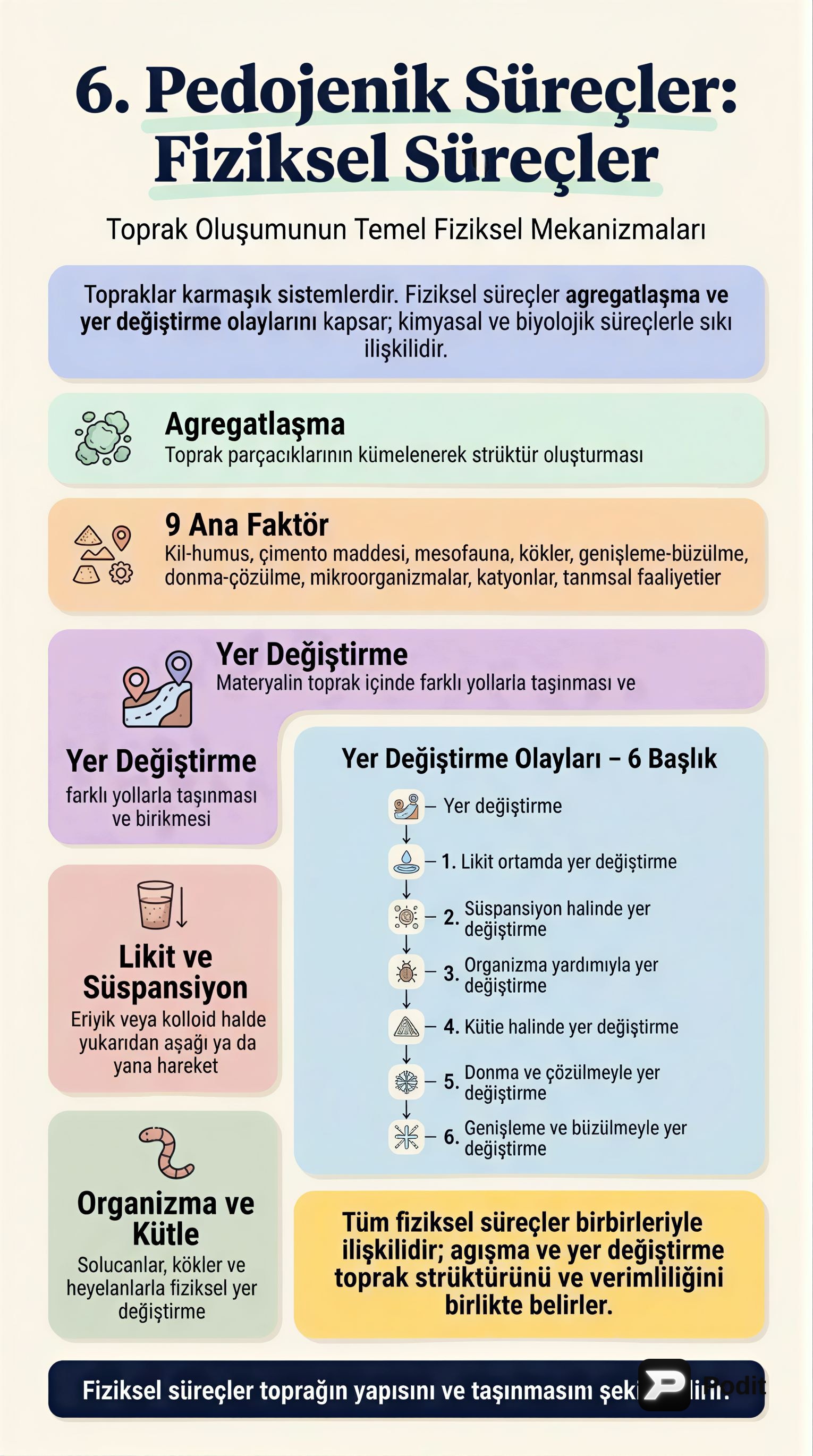 Pedojenik Süreçler: Fiziksel Süreçler ve Toprak Oluşumu - görsel özet infografik
