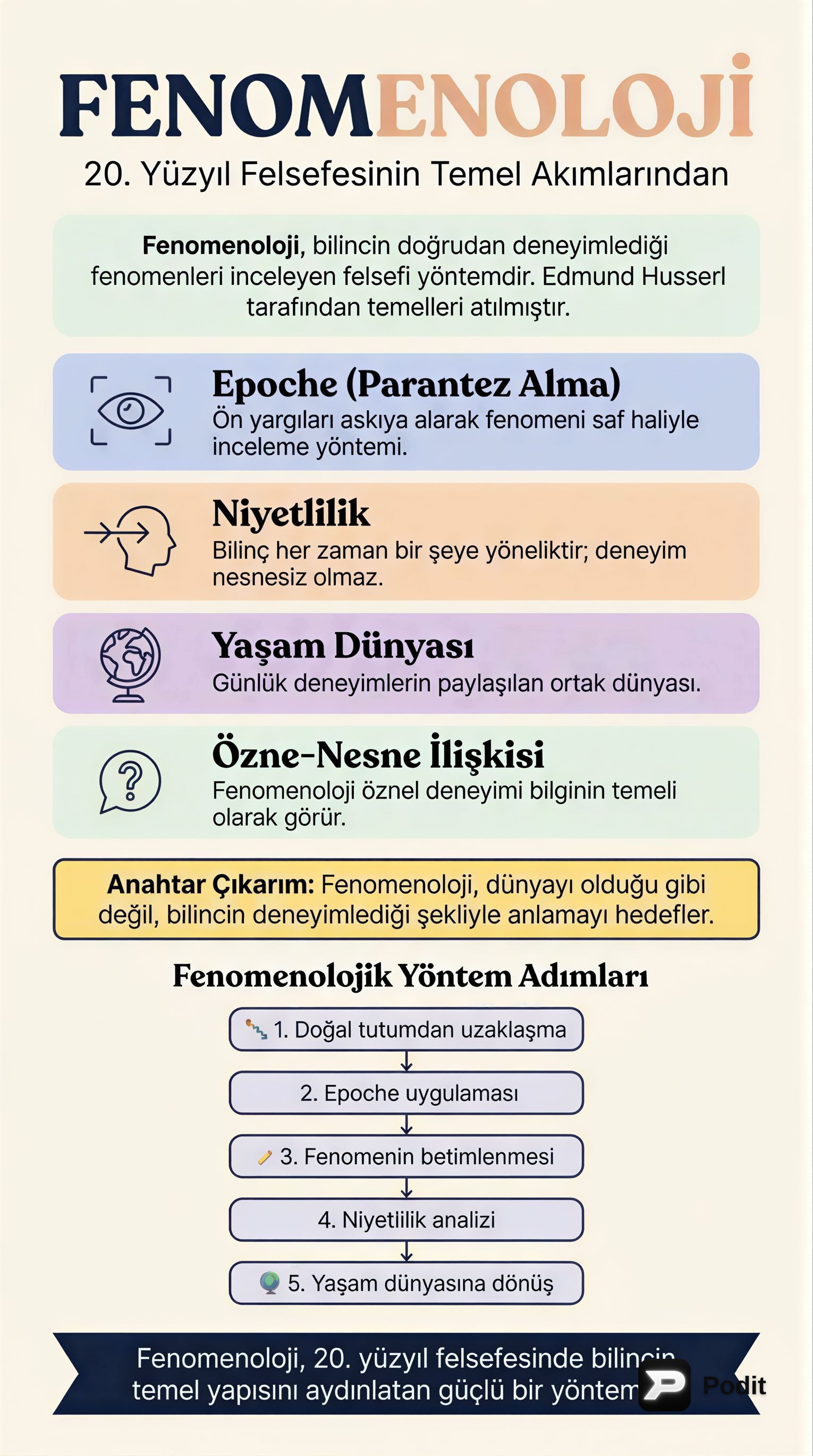 Fenomenoloji: Bilinci ve Gerçekliği Anlamak - görsel özet infografik