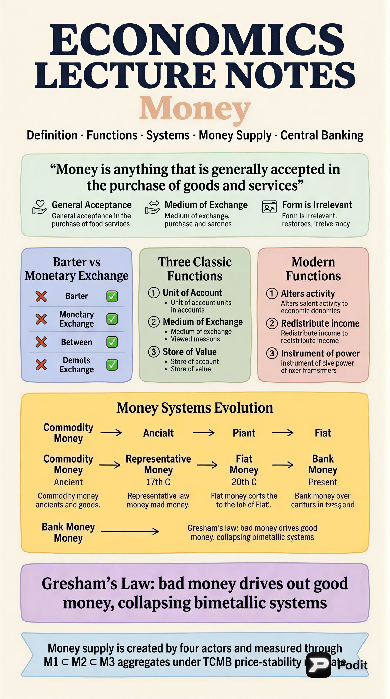 Money: Definition, Functions, Systems, and Central Banking - görsel özet infografik