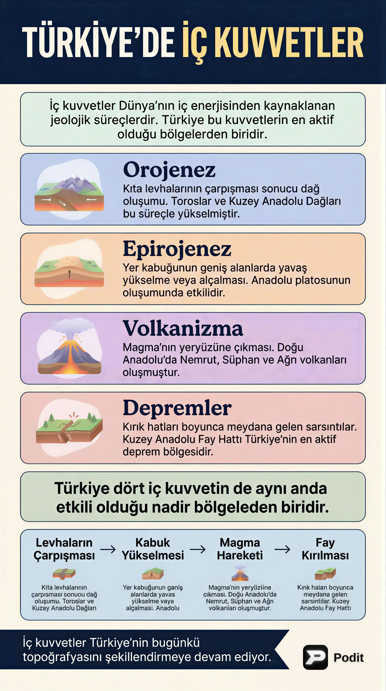 Türkiye'de İç Kuvvetler ve Jeolojik Etkileri - görsel özet infografik