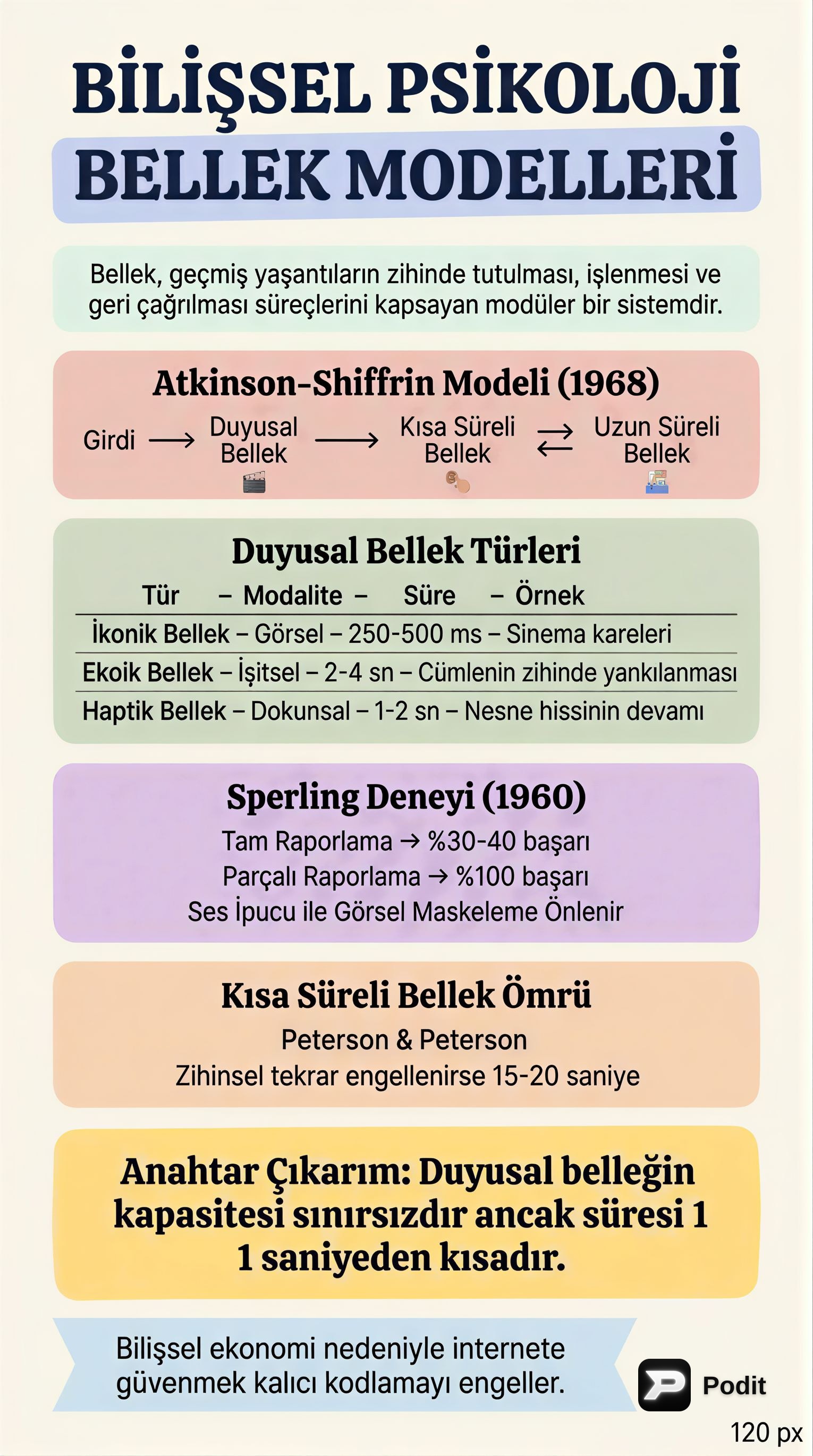 Bilişsel Psikolojide Bellek Modelleri ve Süreçleri - görsel özet infografik