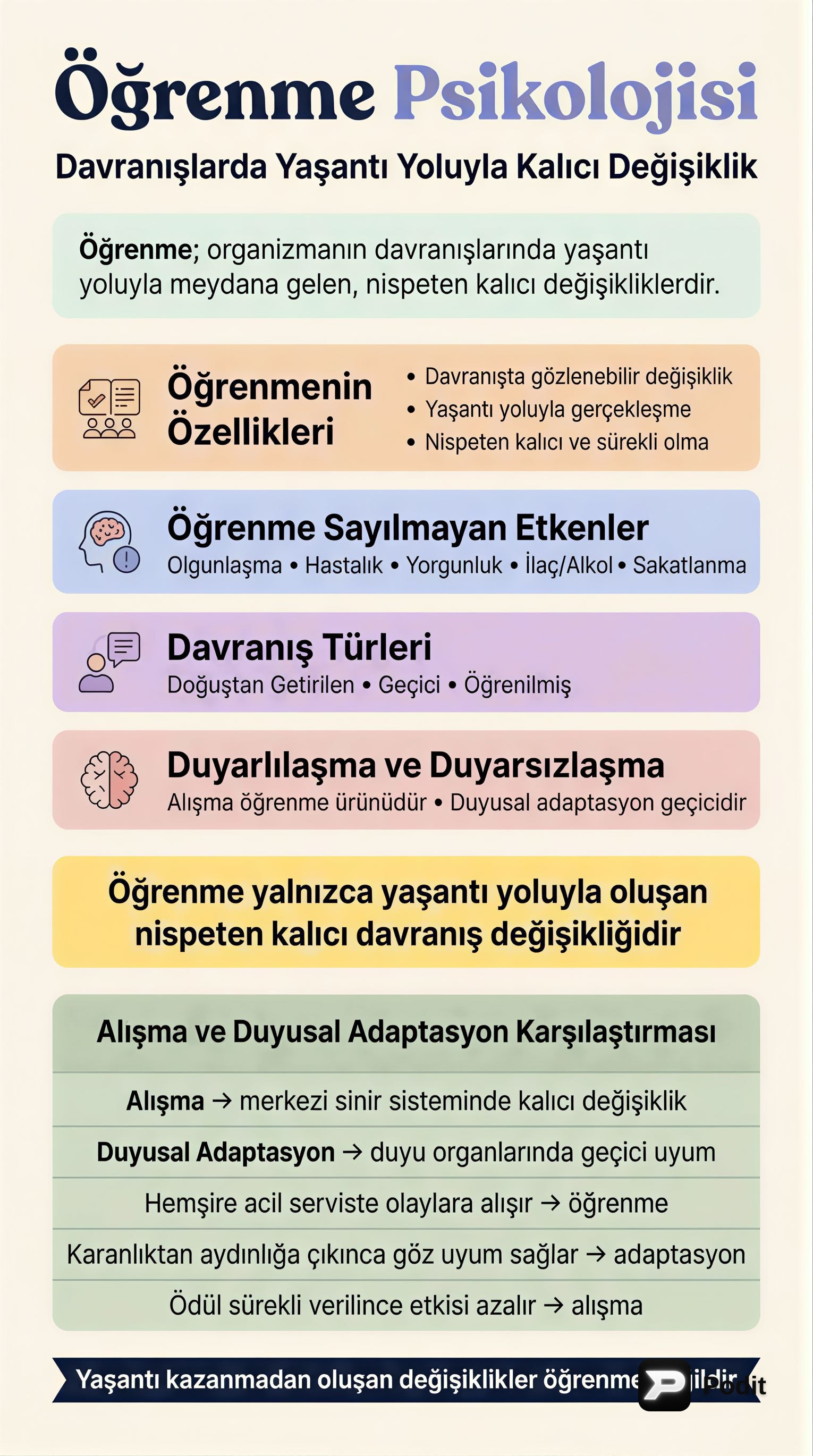 Öğrenme Psikolojisi: Tanım, Davranış Türleri ve Süreçler - görsel özet infografik