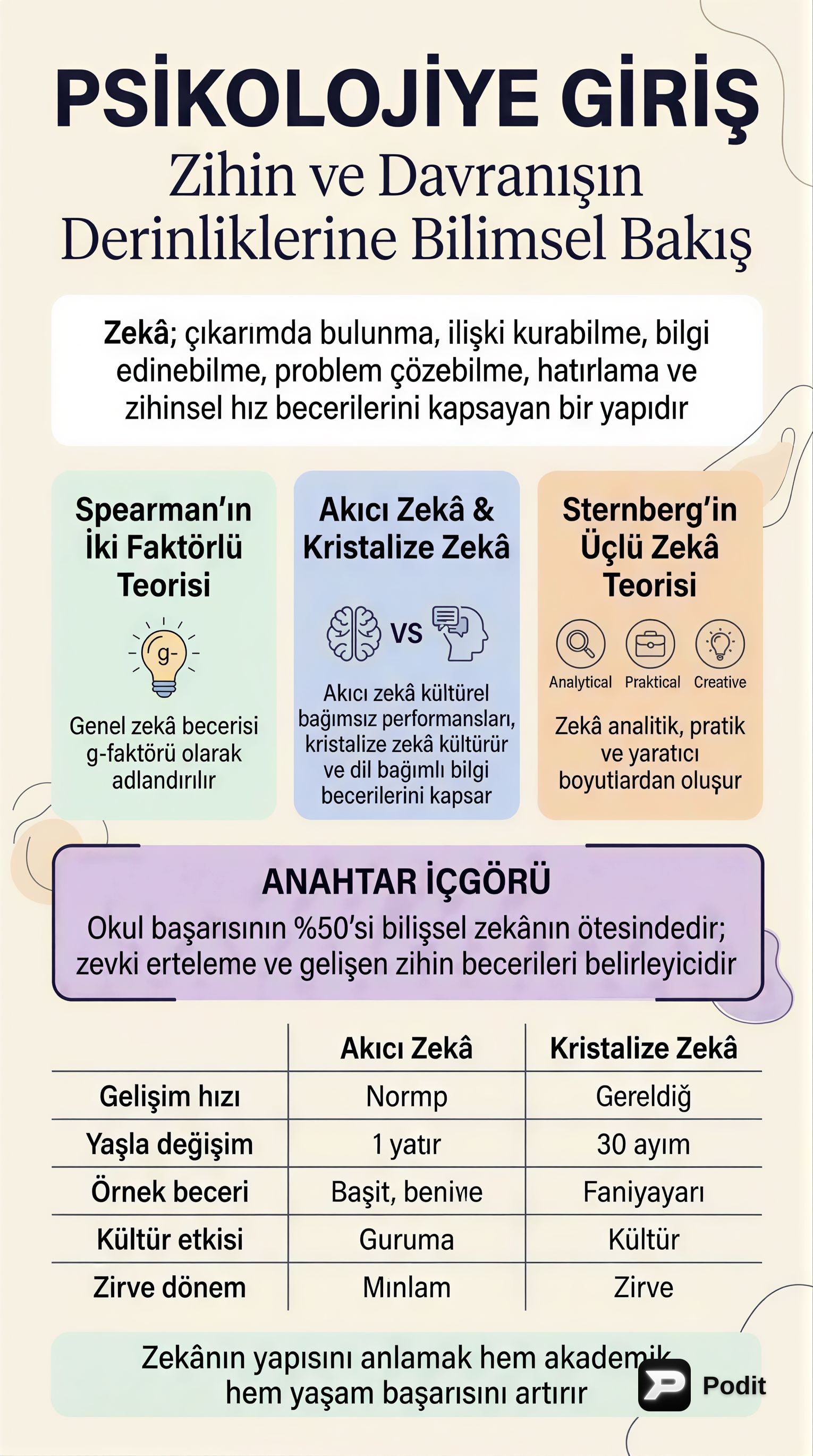 Zekâ: Tanımlar, Teoriler ve Akademik Başarı İlişkisi - görsel özet infografik