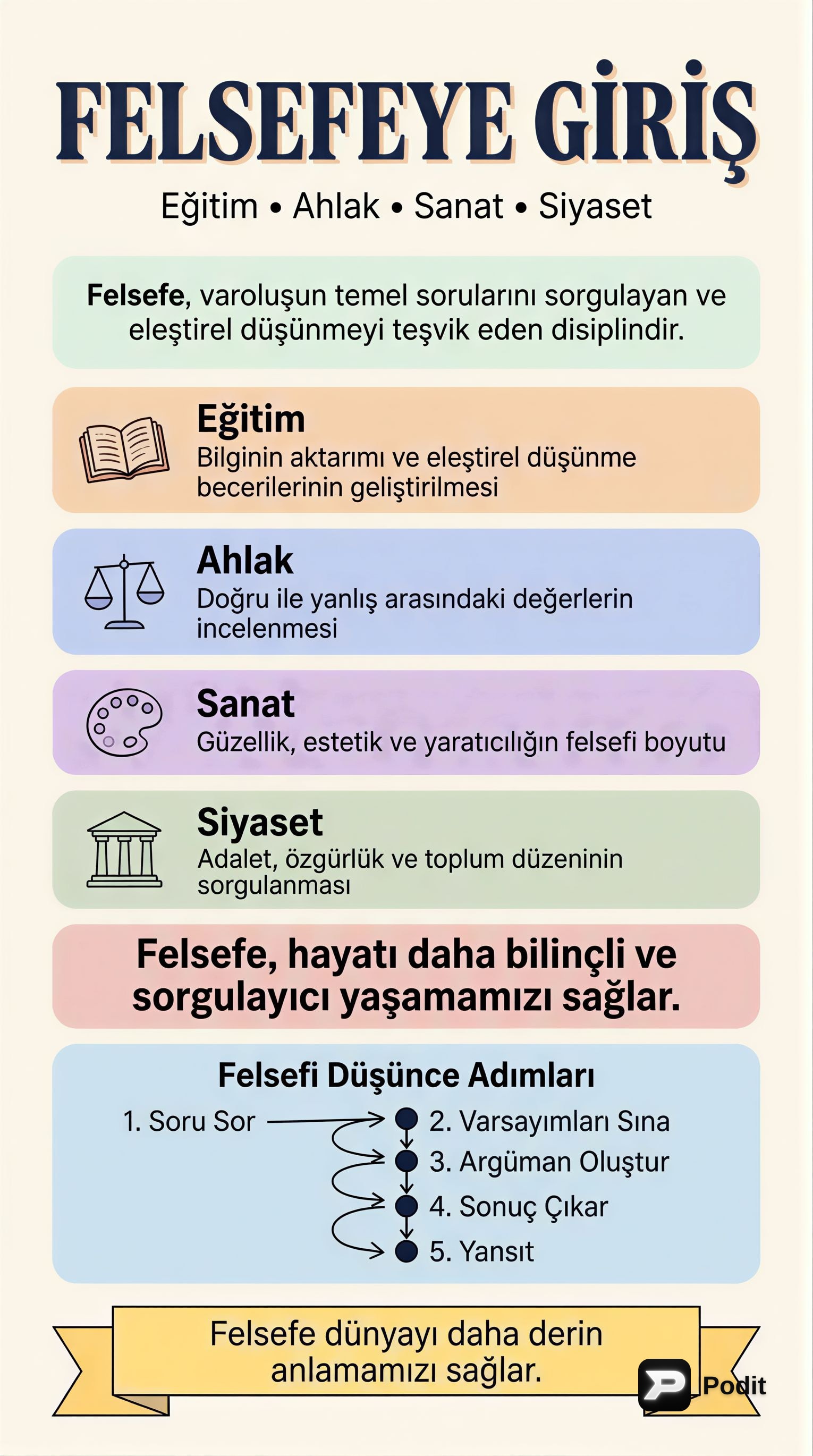 Felsefe Giriş Dersi: Eğitim, Ahlak, Sanat, Siyaset - görsel özet infografik