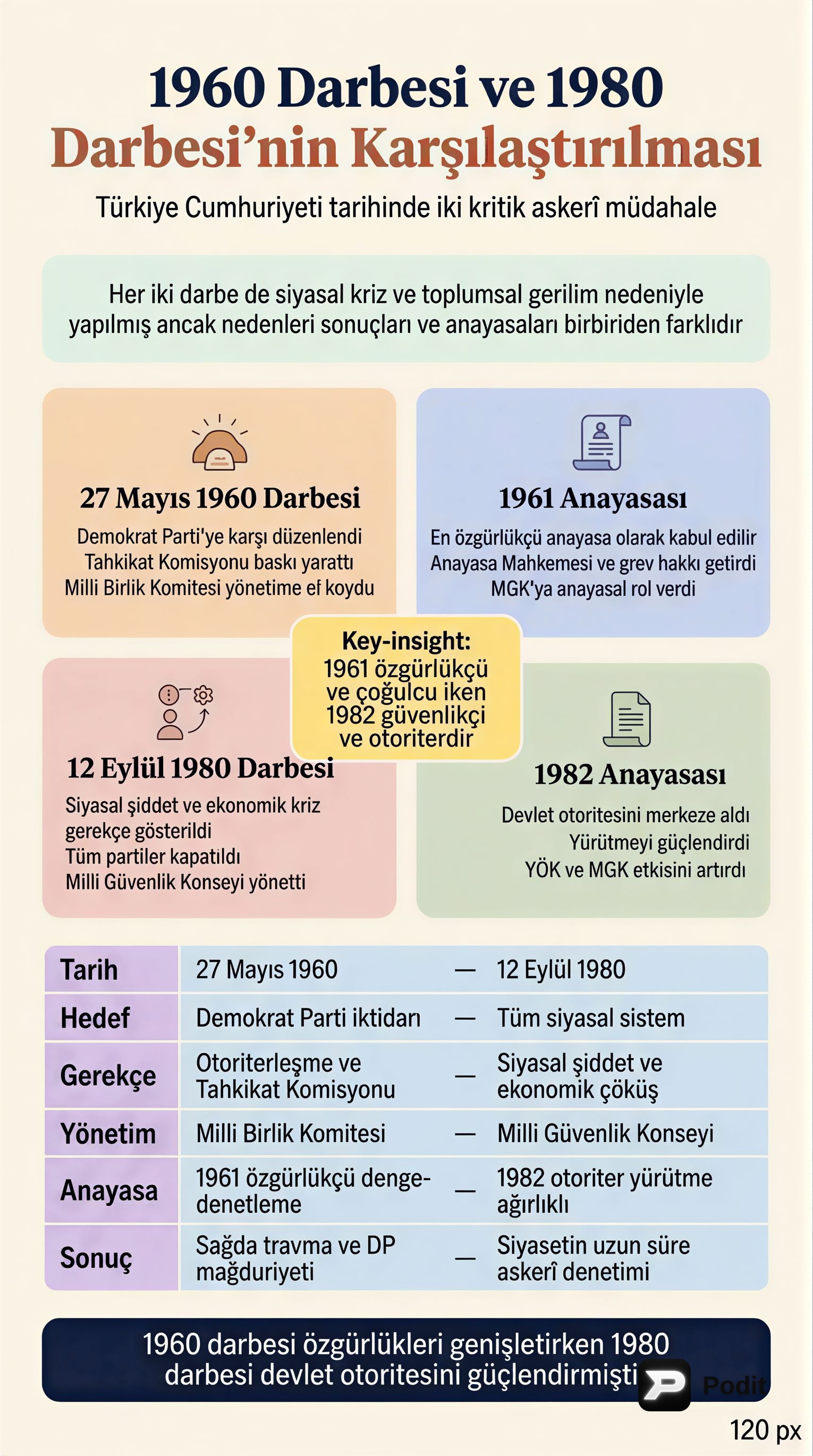 1960 ve 1980 Darbelerinin Karşılaştırmalı Analizi - görsel özet infografik
