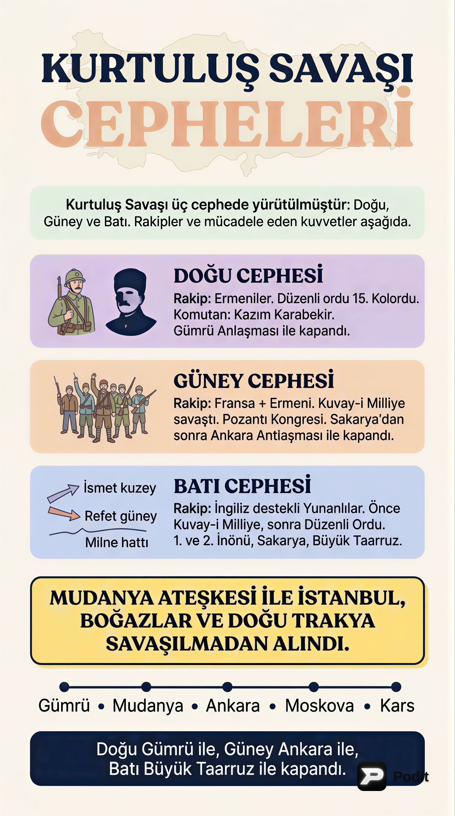Kurtuluş Savaşı Cepheleri ve Önemli Gelişmeler - görsel özet infografik