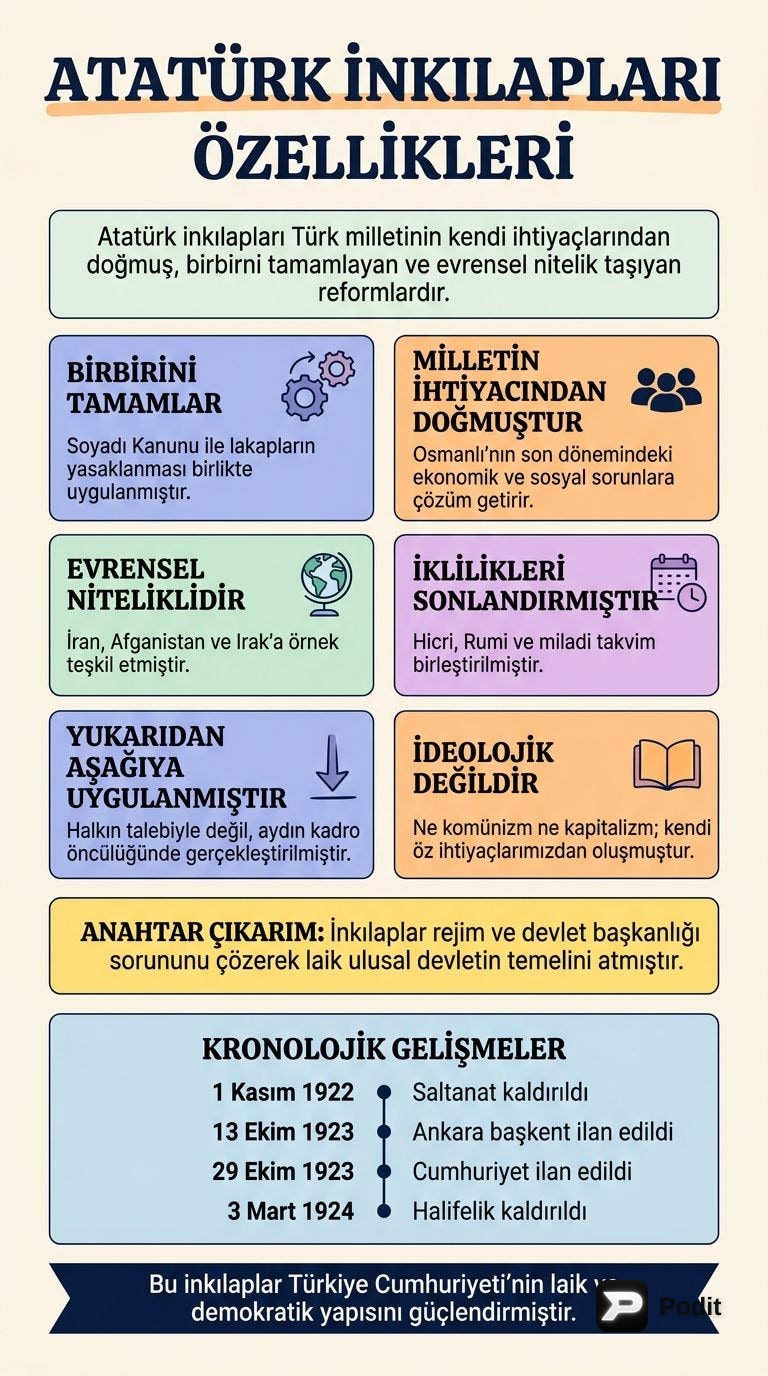 Atatürk İnkılapları: Saltanat, Cumhuriyet ve Halifelik - görsel özet infografik