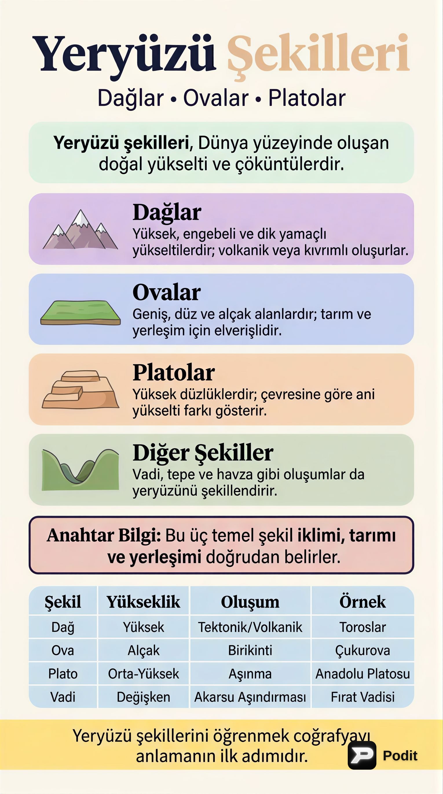 Coğrafi Yer Şekilleri: Dağlar, Ovalar ve Platolar - görsel özet infografik