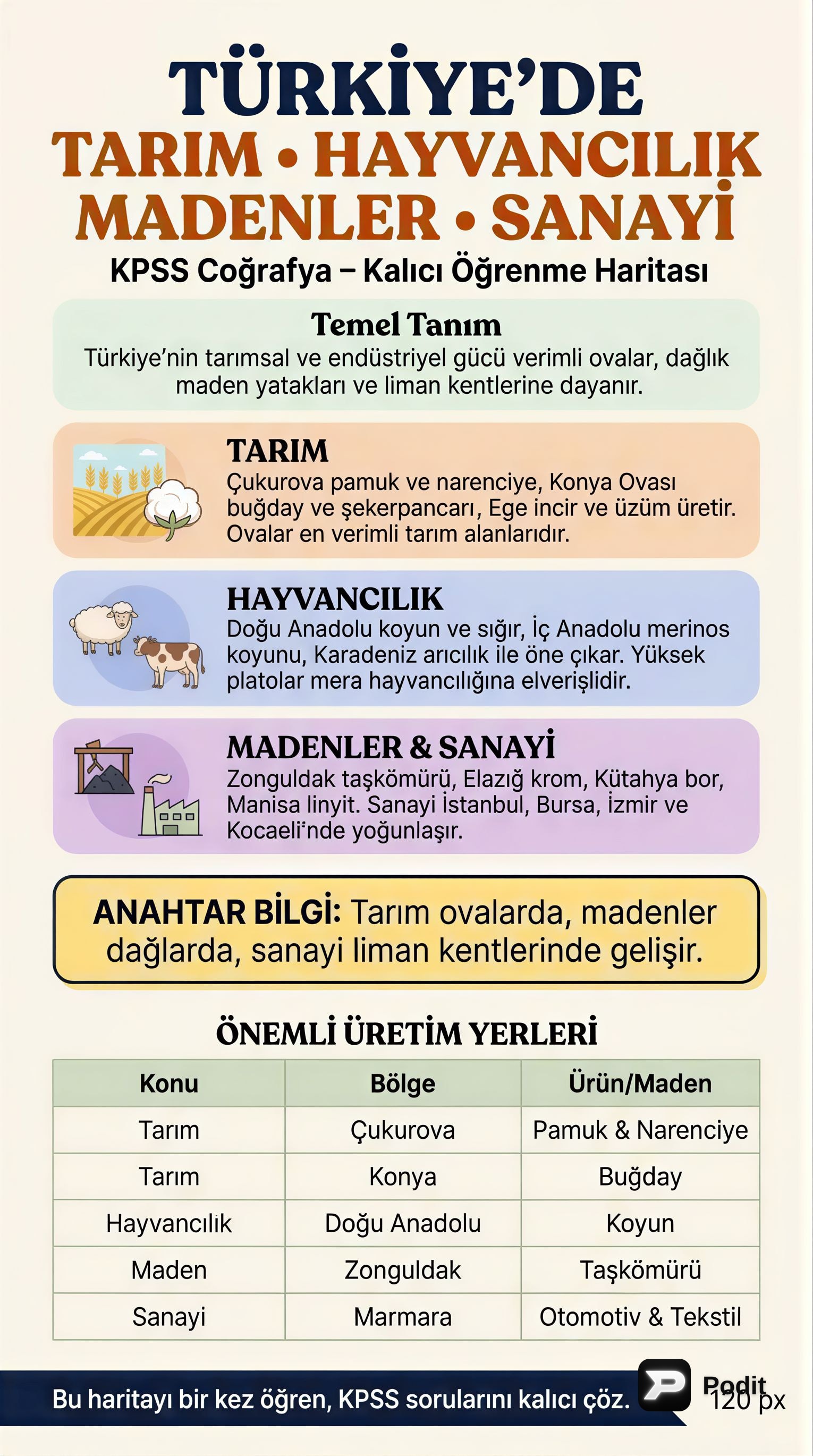 KPSS Coğrafya: Türkiye'de Tarım, Hayvancılık, Madenler ve Sanayi - görsel özet infografik