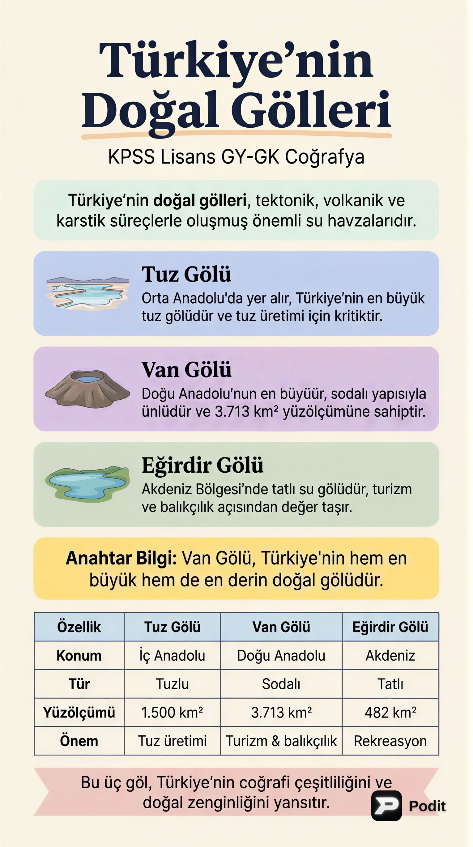 Türkiye'nin Doğal Gölleri: Tuz, Van ve Eğirdir Gölleri - görsel özet infografik