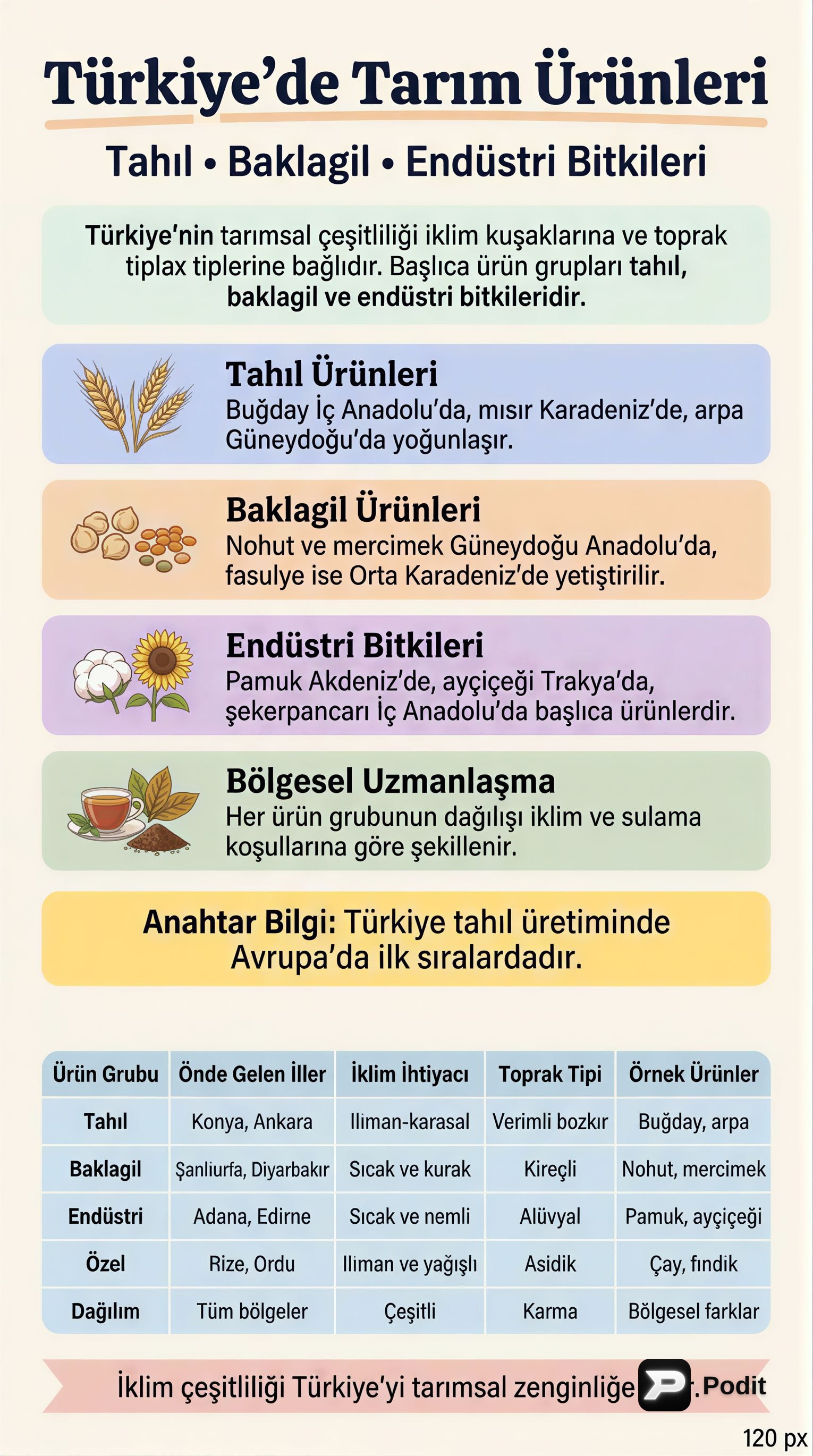 Türkiye'de Tarım Ürünleri: Tahıl, Baklagil ve Endüstri Bitkileri - görsel özet infografik