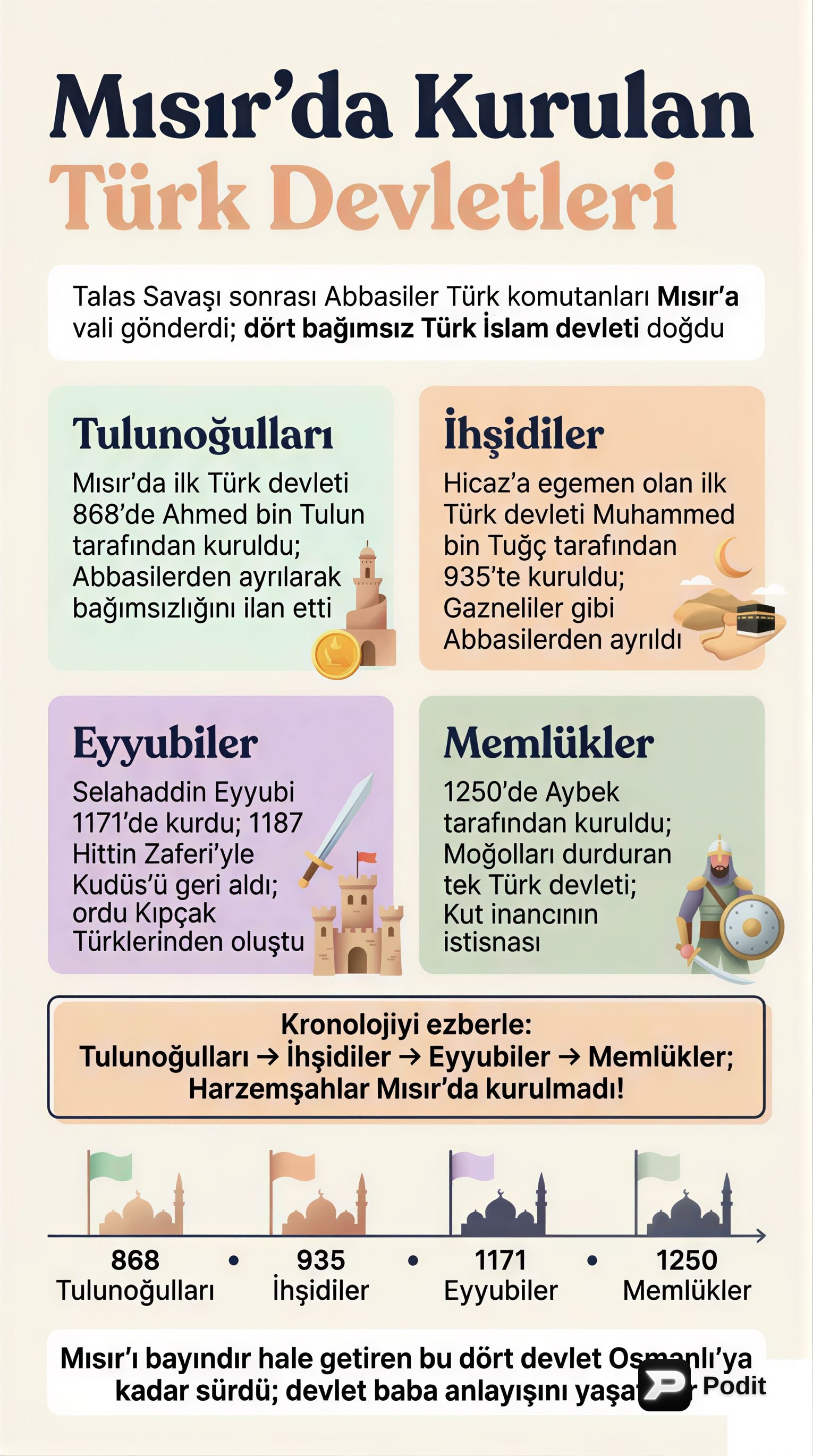 Mısır'da Kurulan Türk İslam Devletleri - görsel özet infografik
