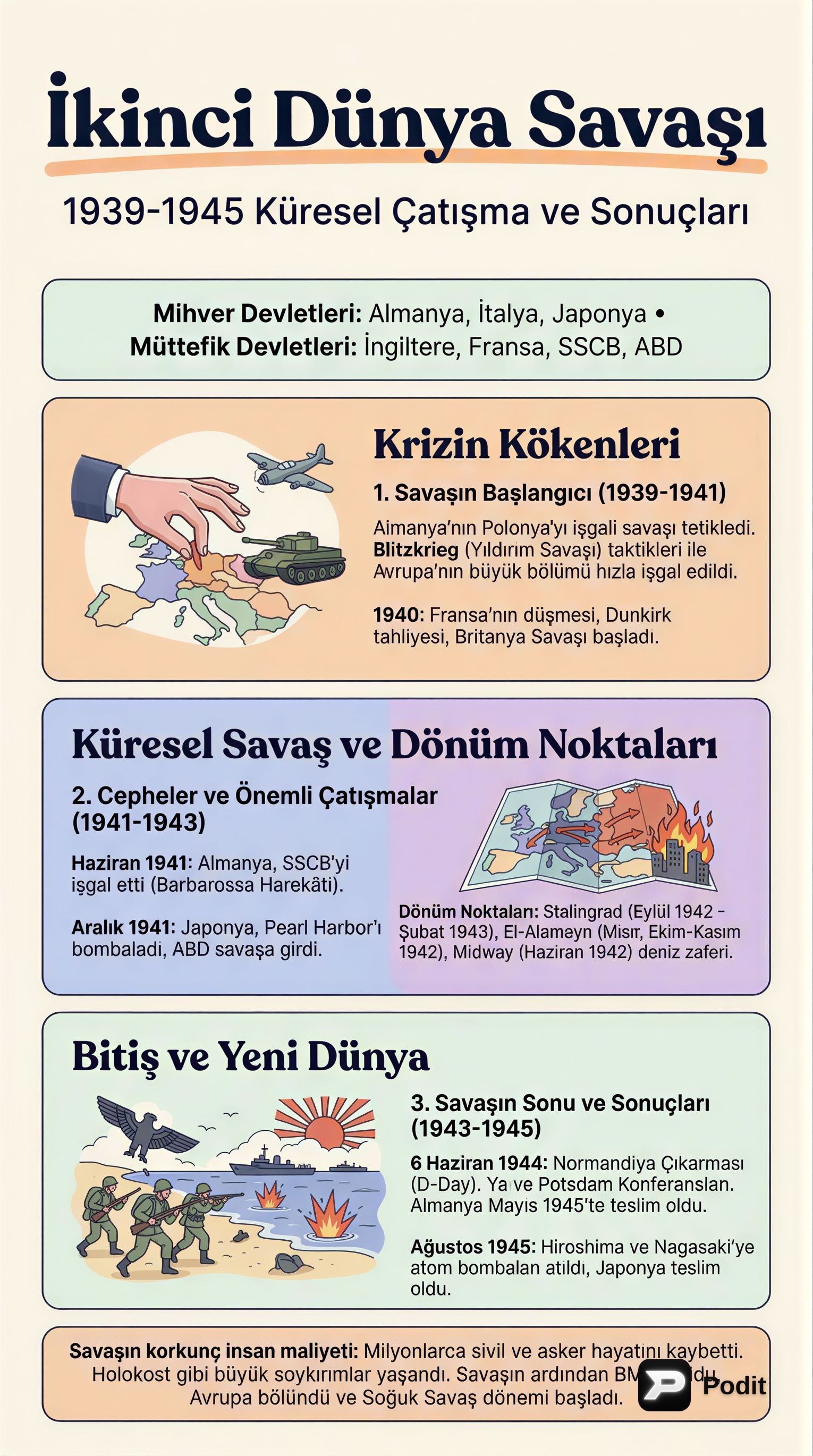 İkinci Dünya Savaşı: Nedenleri, Gelişimi ve Sonuçları - görsel özet infografik