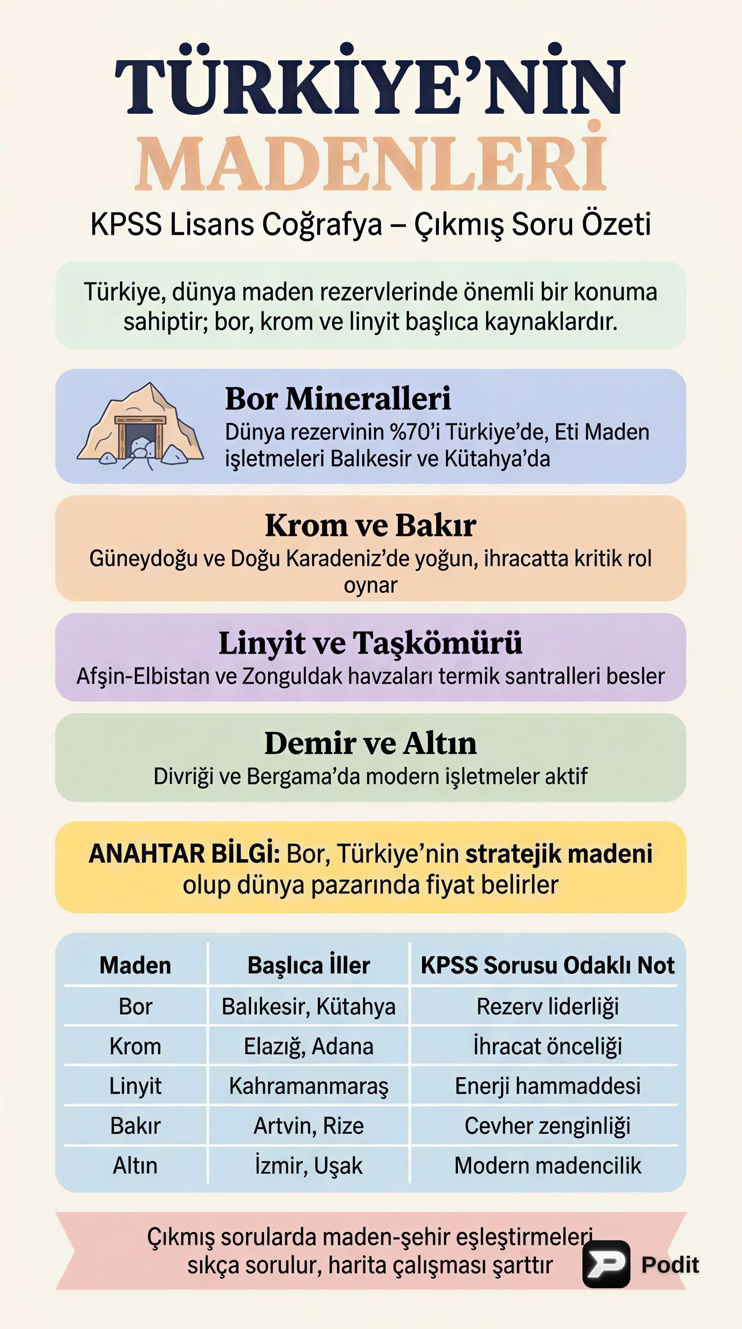KPSS Coğrafya: Türkiye'nin Madenleri - görsel özet infografik