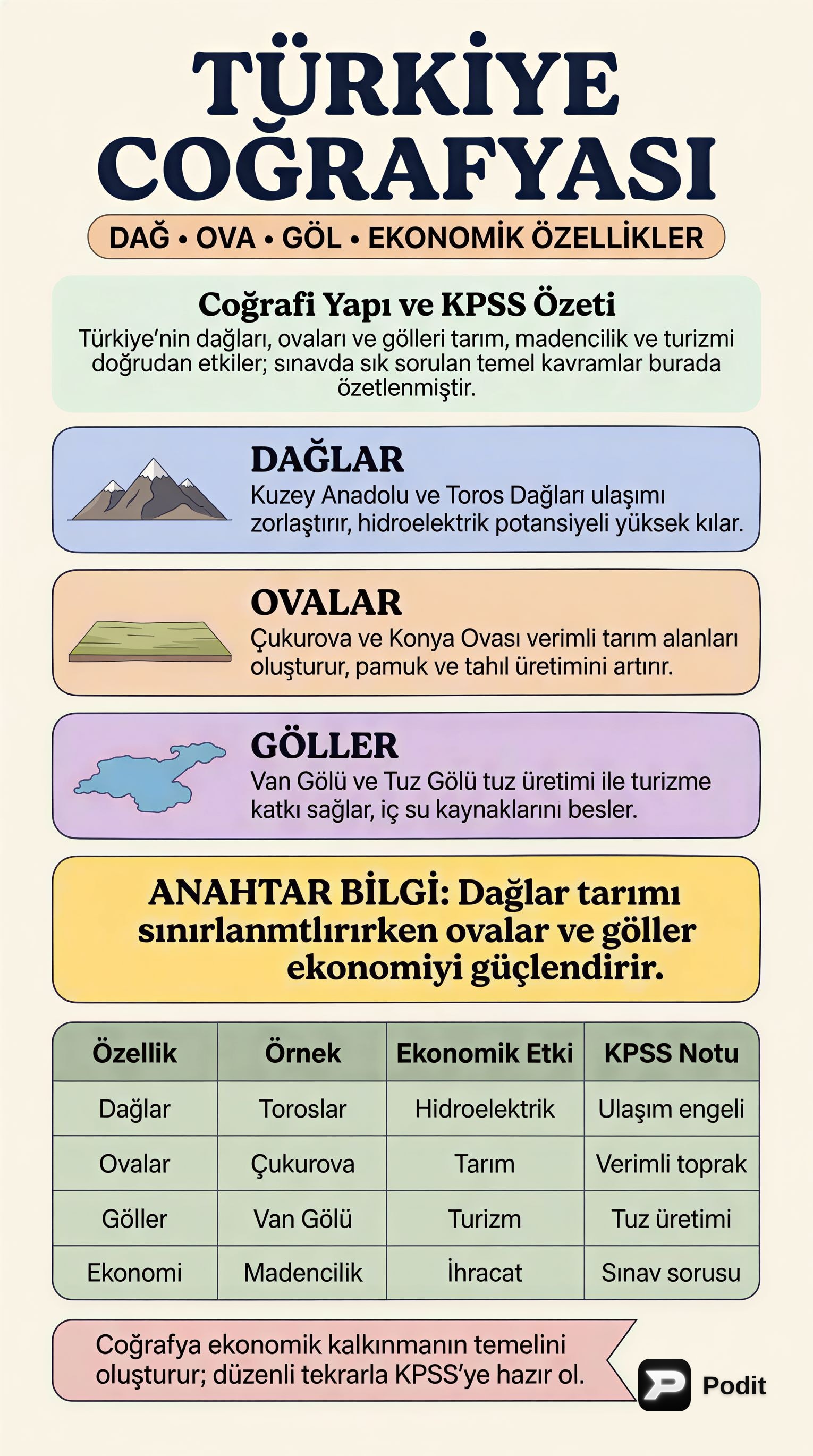 Türkiye Coğrafyası: Dağlar, Ovalar, Göller ve Ekonomik Özellikler - görsel özet infografik