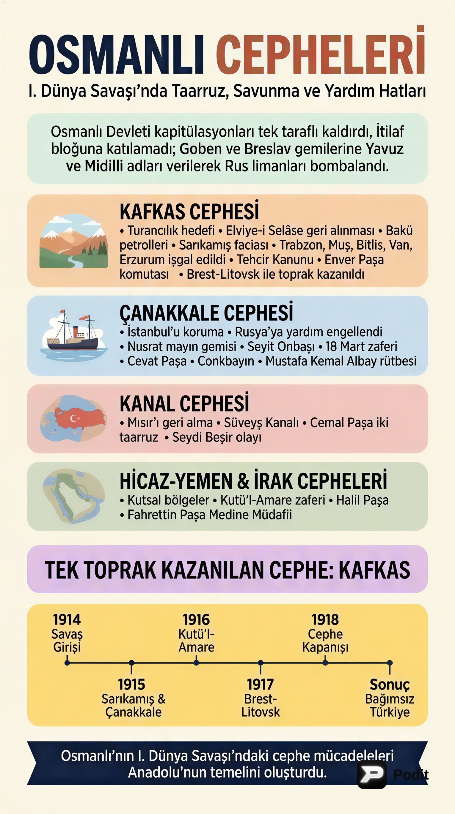 Osmanlı'nın I. Dünya Savaşı Cepheleri ve Önemli Olaylar - görsel özet infografik