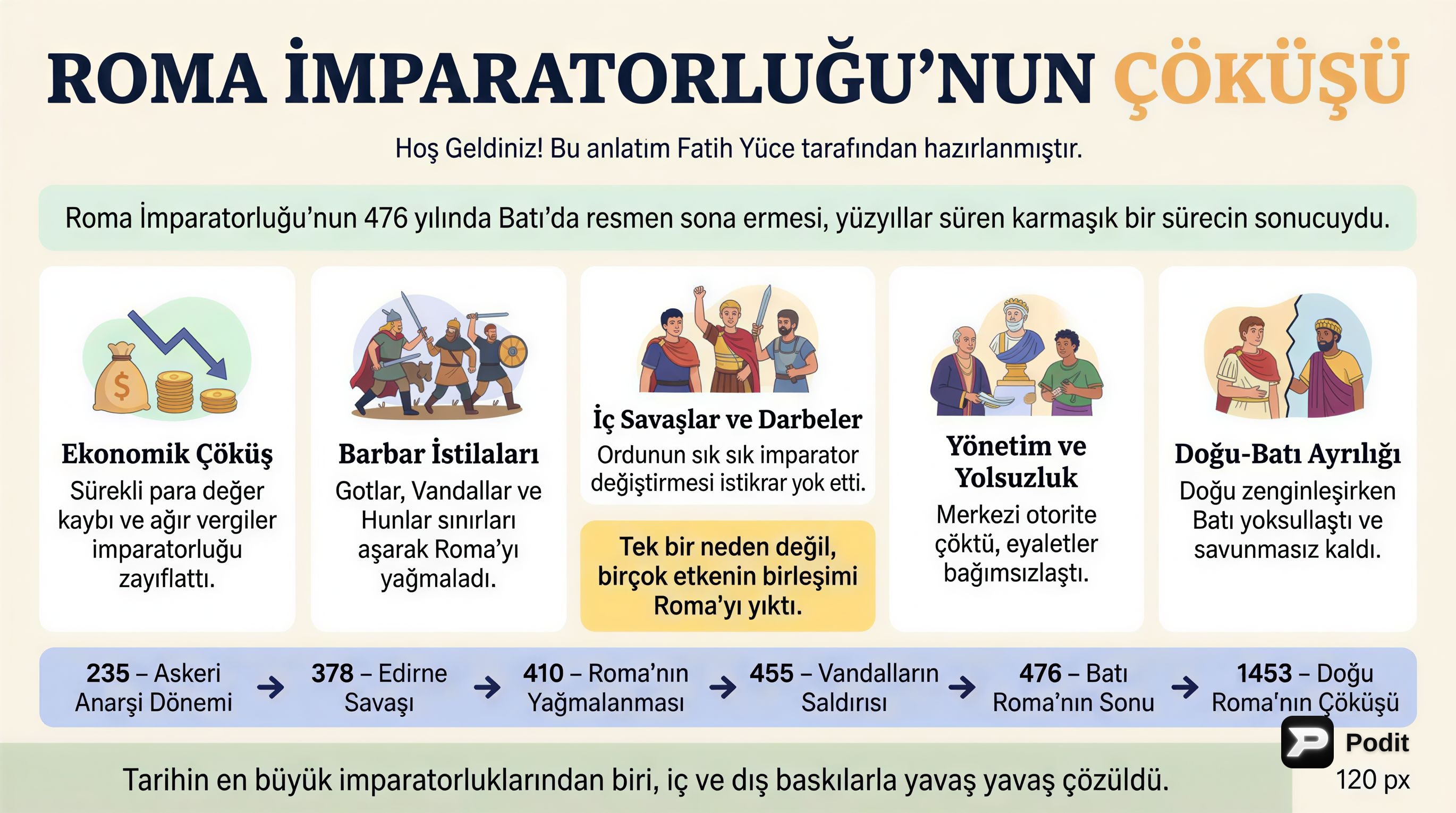 Roma İmparatorluğu'nun Çöküşü: Nedenler ve Süreç - görsel özet infografik