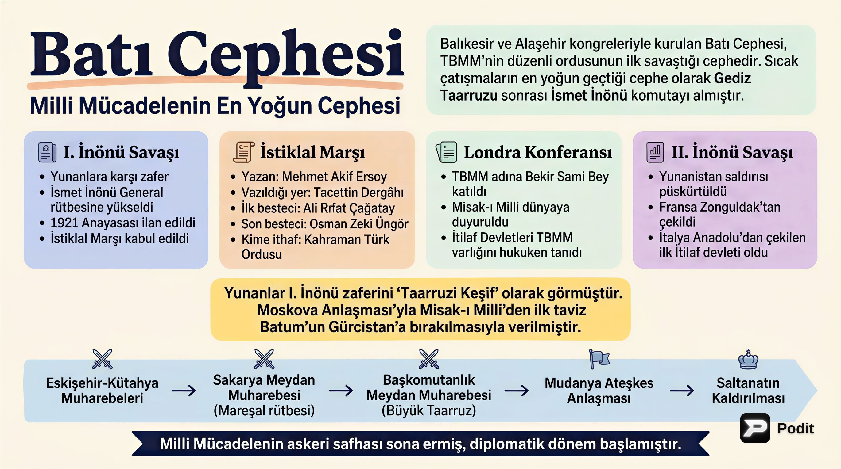 Türk Kurtuluş Savaşı Batı Cephesi ve Siyasi Gelişmeler - görsel özet infografik