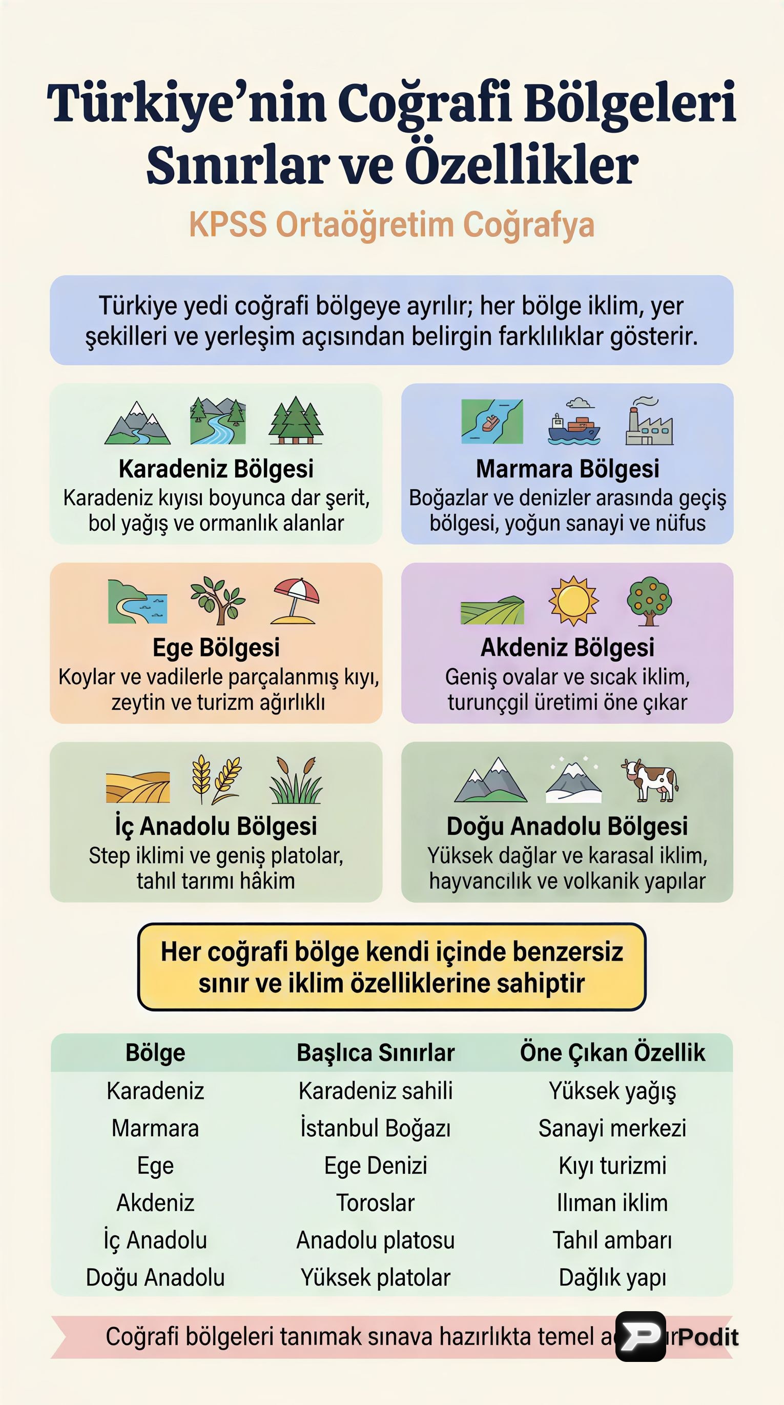 Türkiye'nin Coğrafi Bölgeleri: Sınırlar ve Özellikler - görsel özet infografik