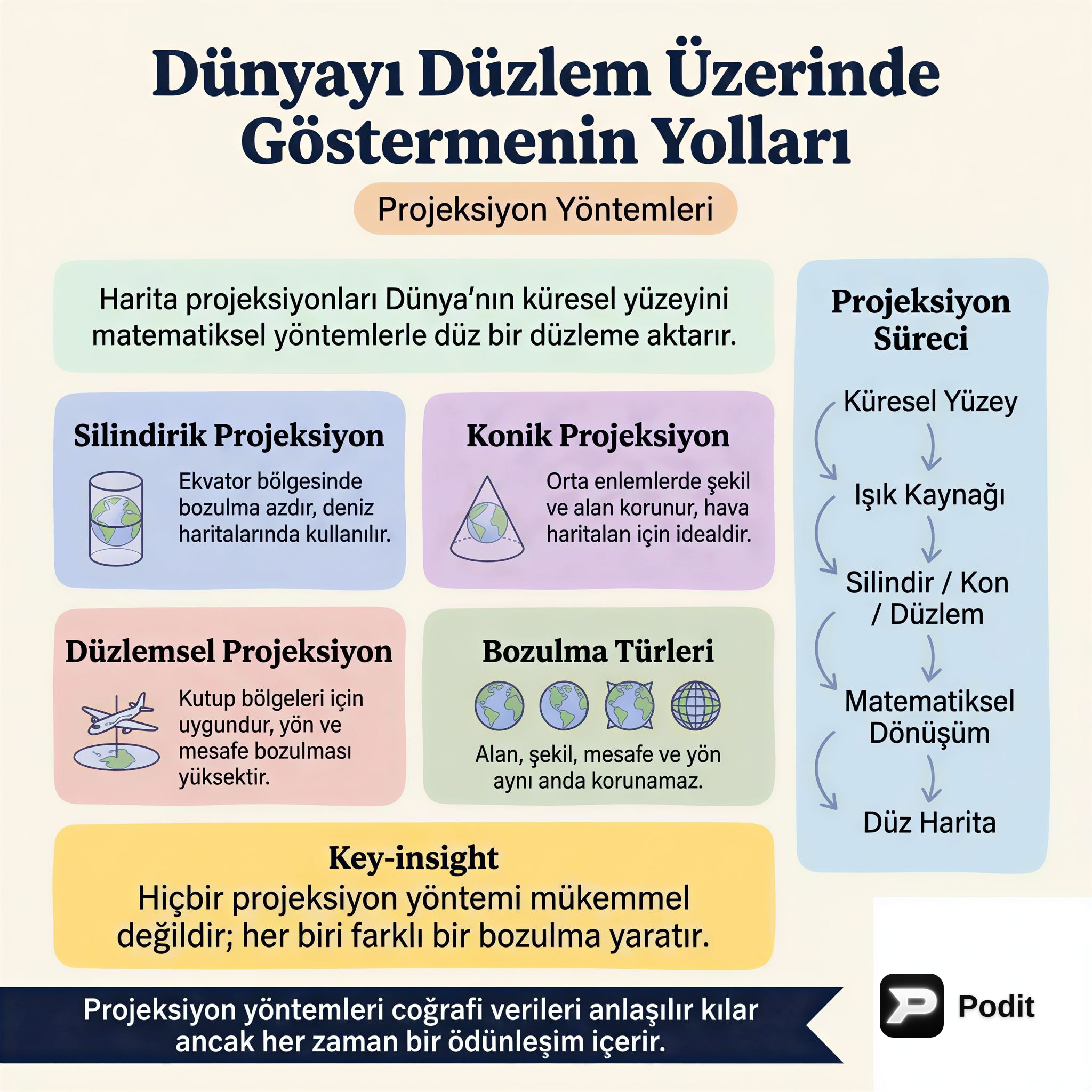 Dünyayı Düzlemde Gösterme: Projeksiyon Yöntemleri - görsel özet infografik